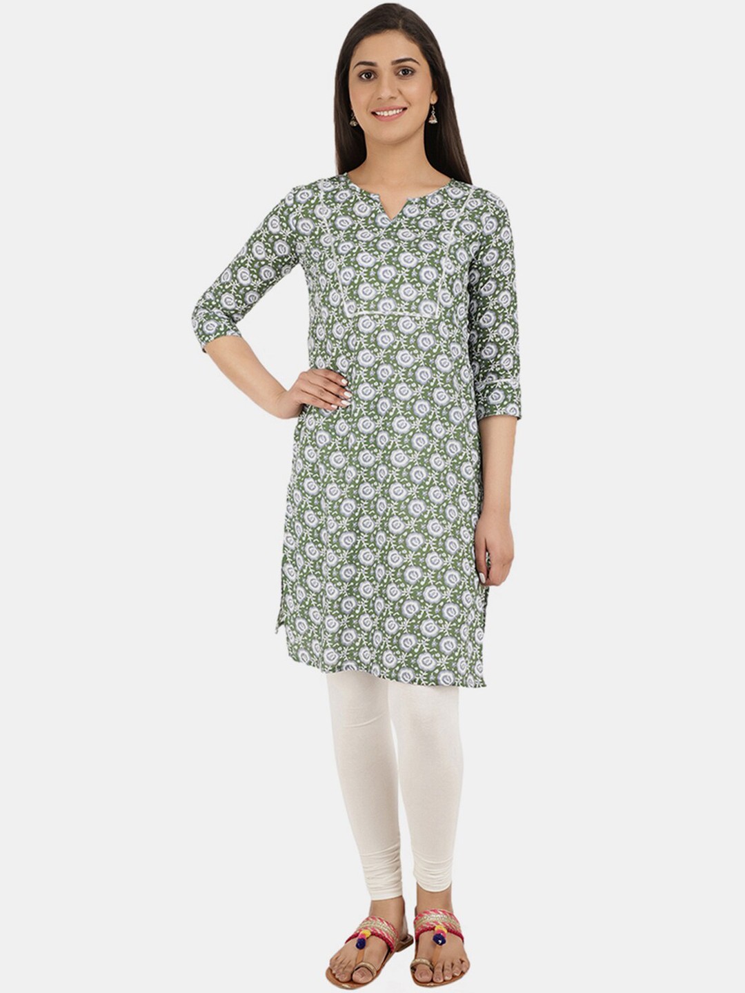 

V-Mart Floral Printed Notched Neck Cotton Kurta, Olive