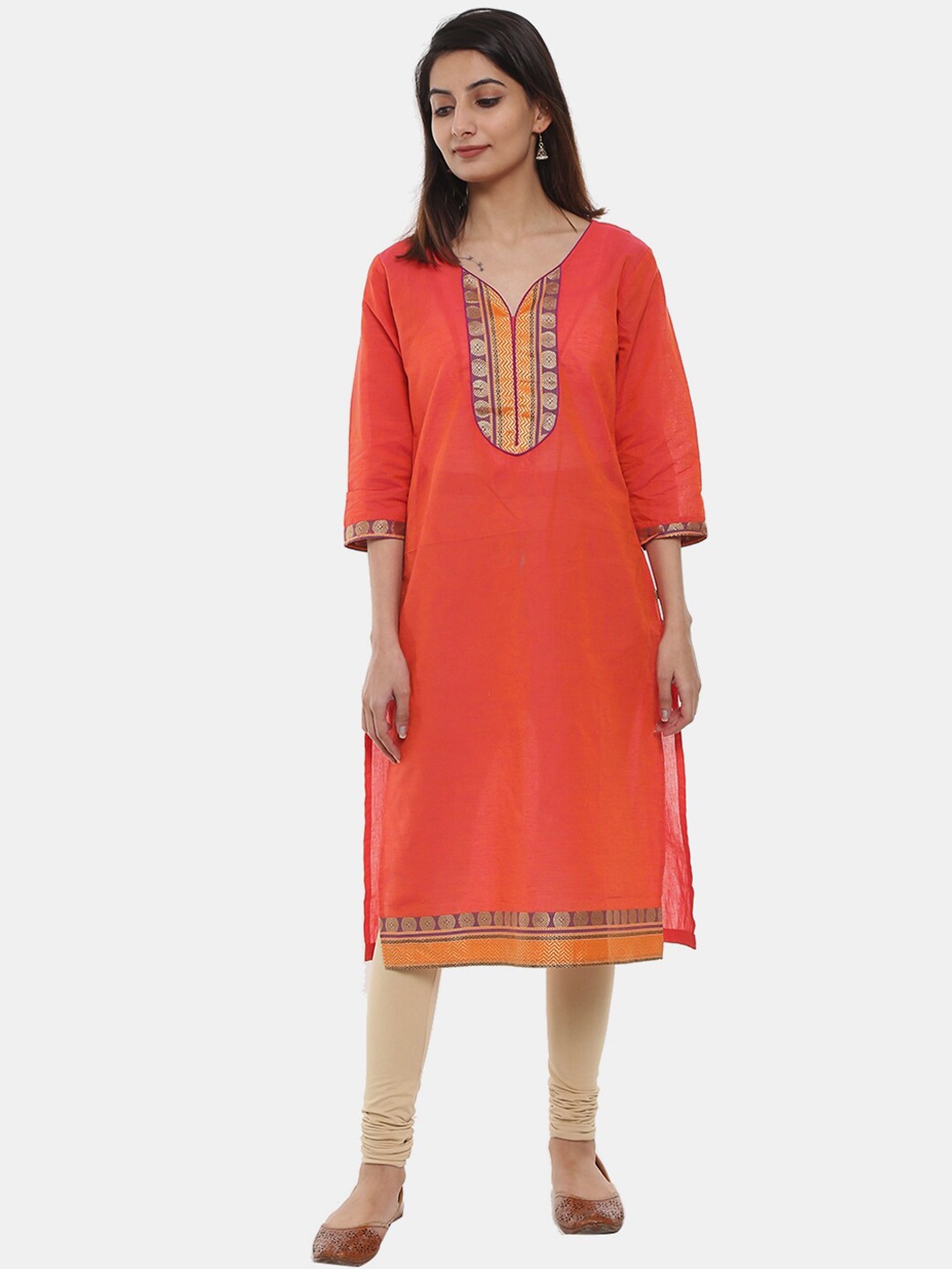 

V-Mart V-Neck Straight Fit Cotton Kurta, Orange