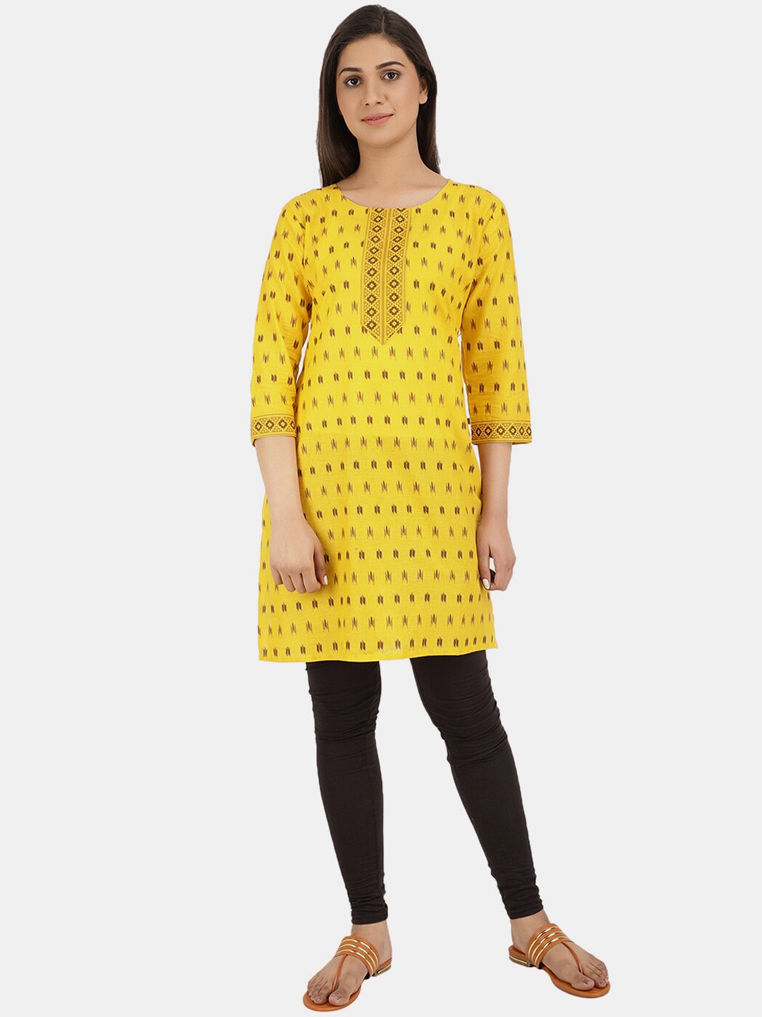 

V-Mart Women Yellow & Brown Woven Design A-Line Kurta