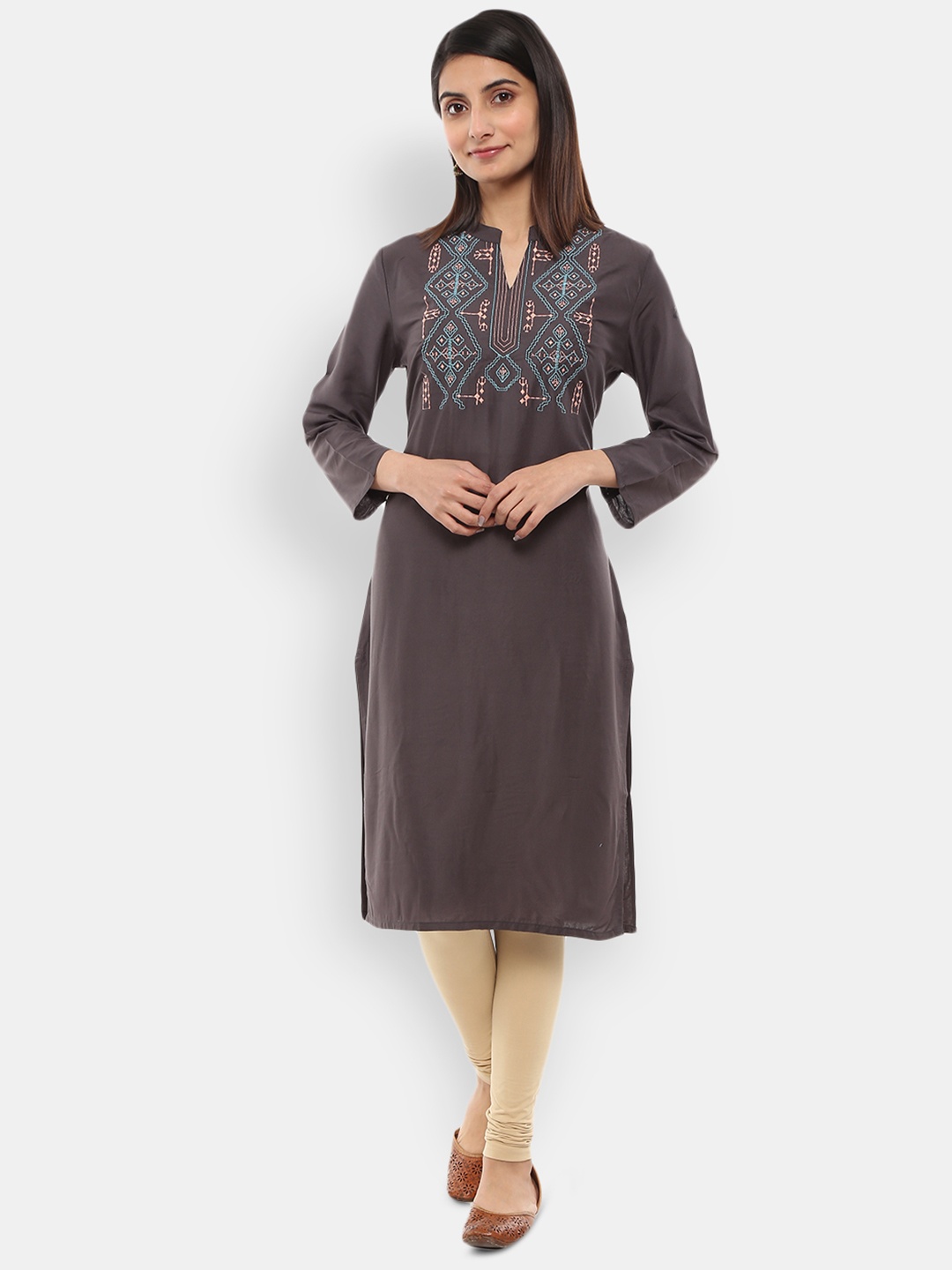 

V-Mart Ethnic Motifs Cotton Yoke Design Thread Work Kurta, Grey