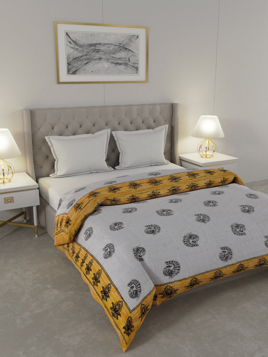 

JAIPUR FABRIC Green & Mustard Ethnic Printed Heavy Winter 300 GSM Cotton Double Bed Quilt