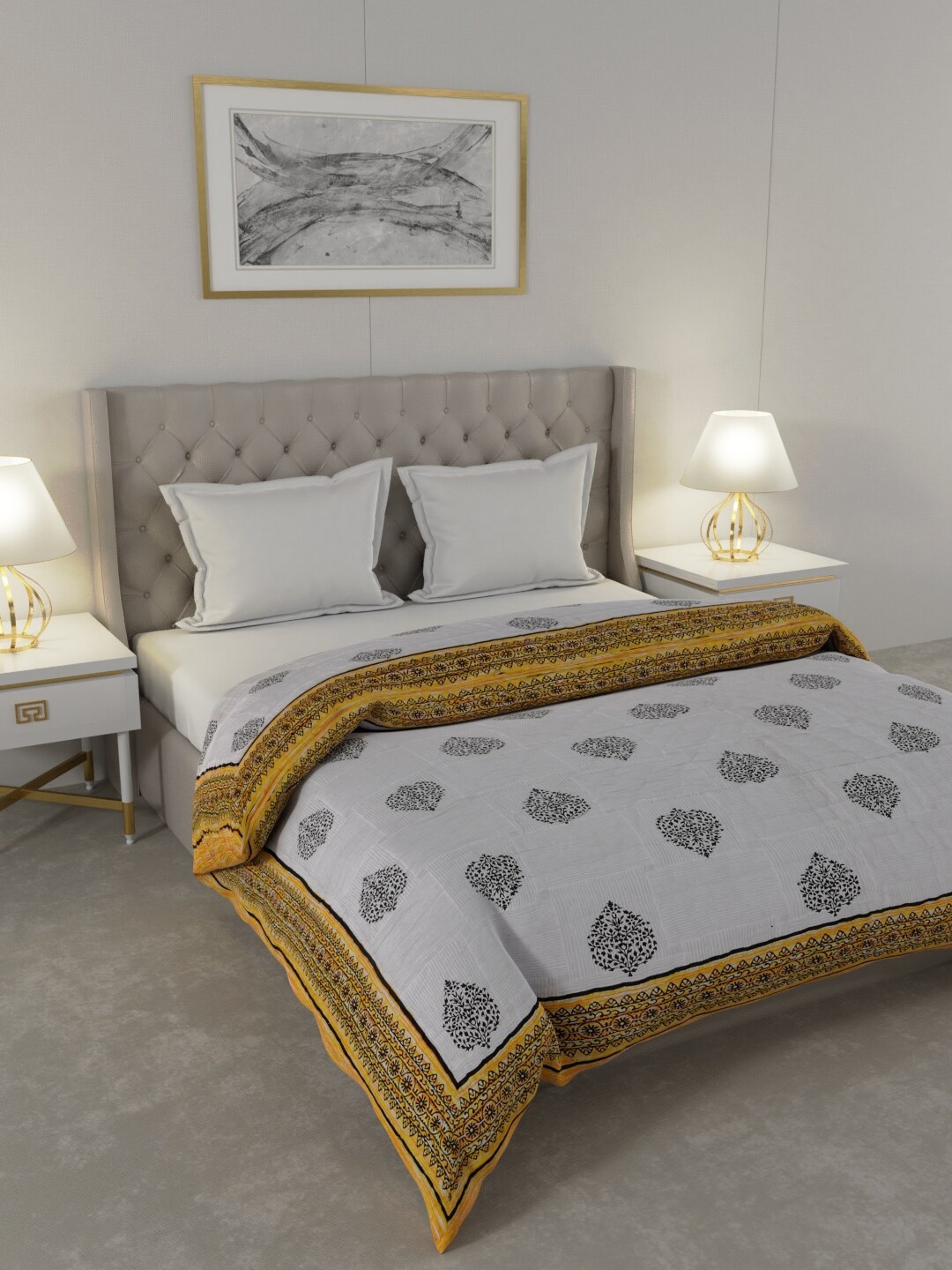 

JAIPUR FABRIC Grey & Mustard Yellow Printed Heavy Winter 300 GSM Cotton Double Bed Quilt