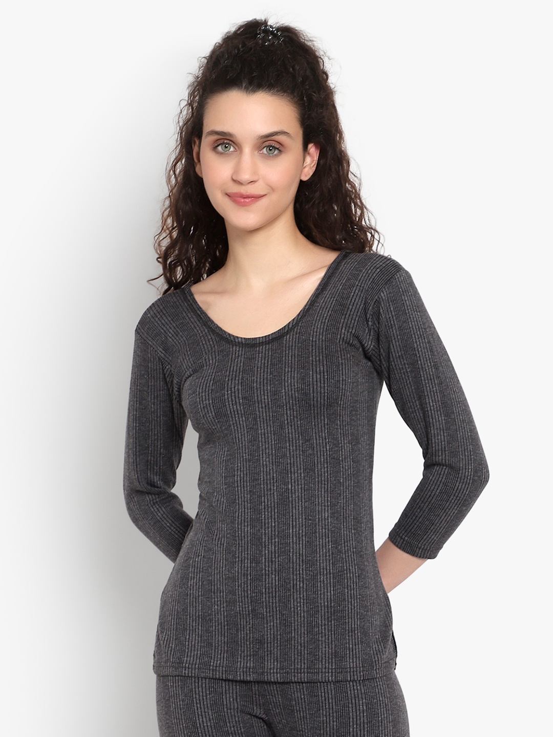 

SKY HEIGHTS Women Grey Striped Cotton Thermal Tops