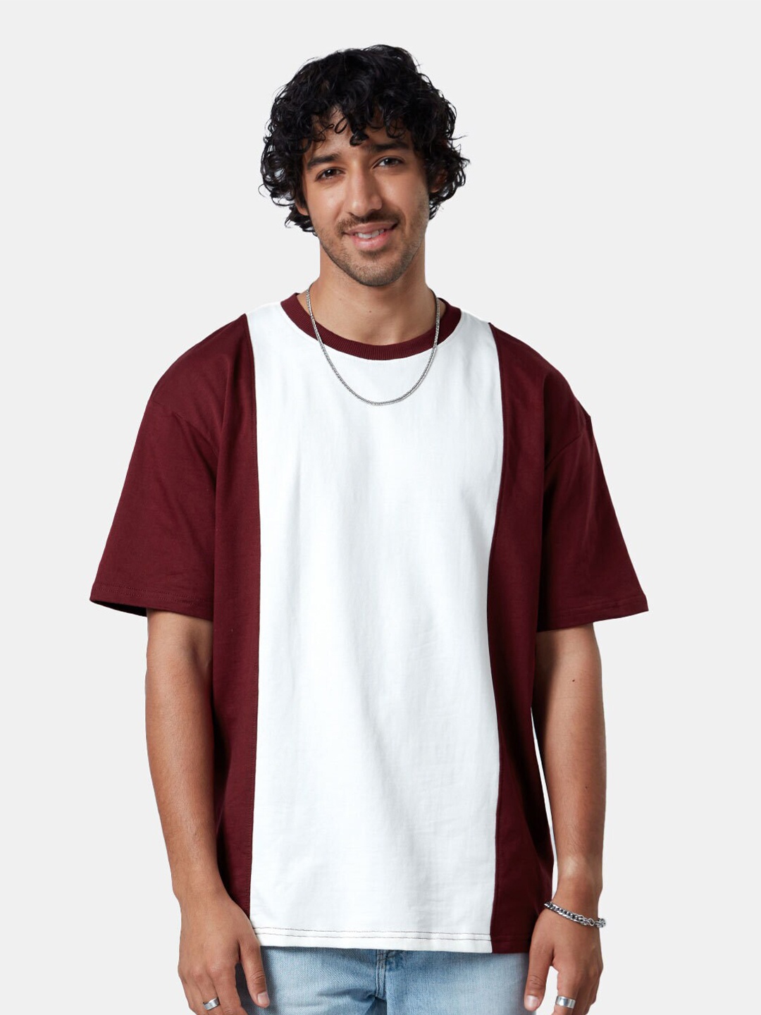 

The Souled Store Men White Cotton Colourblocked Oversized T-Shirt
