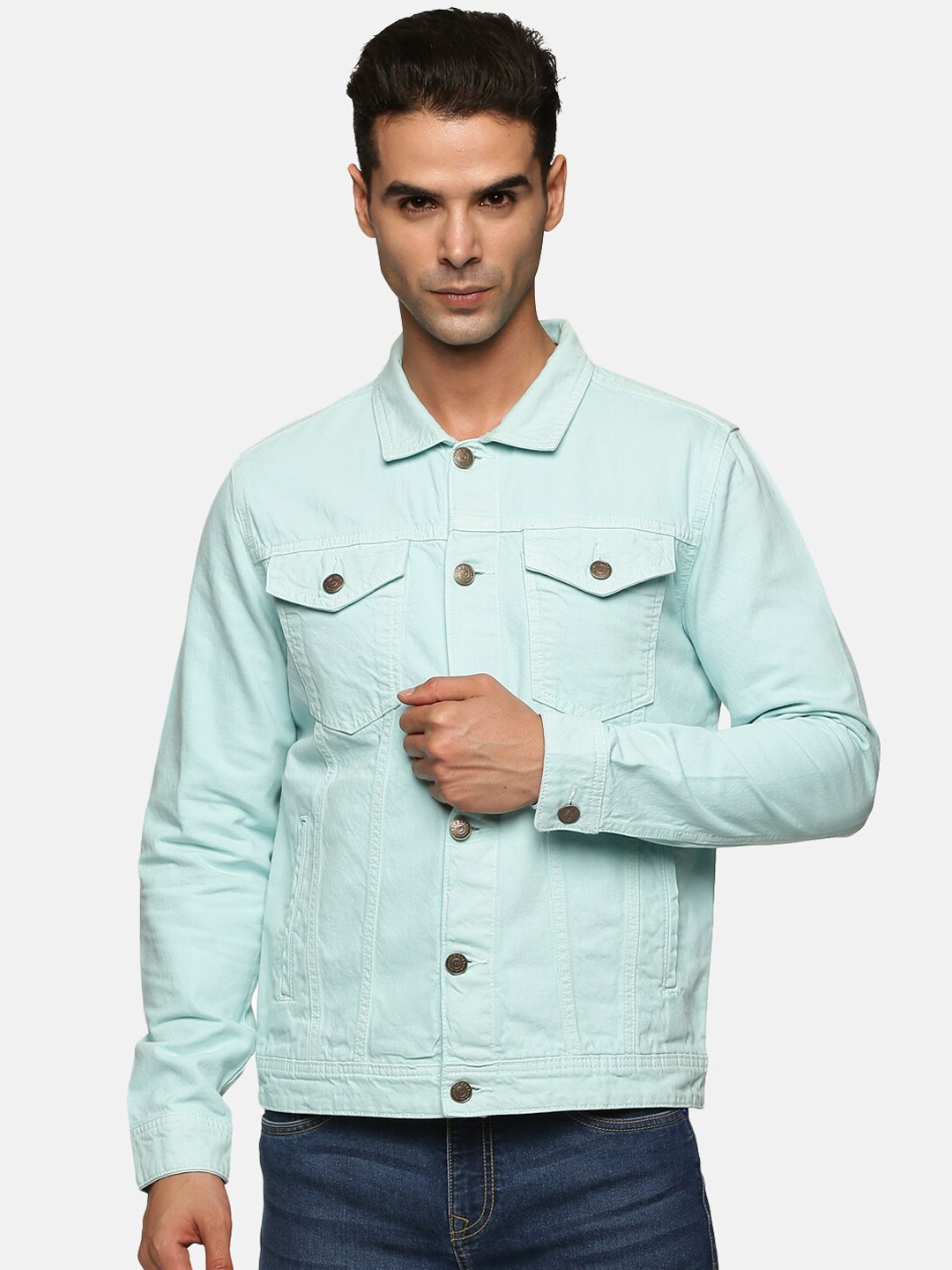

Old Grey Men Turquoise Blue Cotton Washed Outdoor Denim Jacket