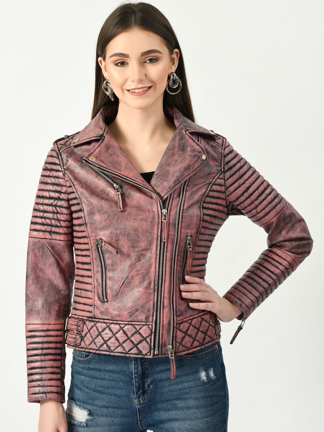 

TBOJ Women Pink Self Design Leather Lightweight Biker Jacket
