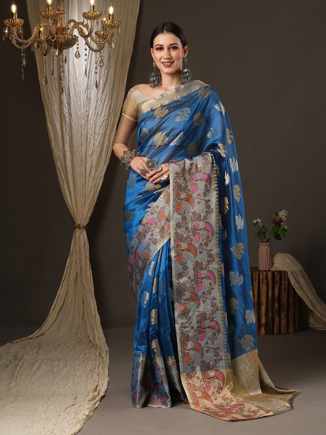 

Mitera Blue & Gold-Toned Floral Zari Organza Banarasi Saree