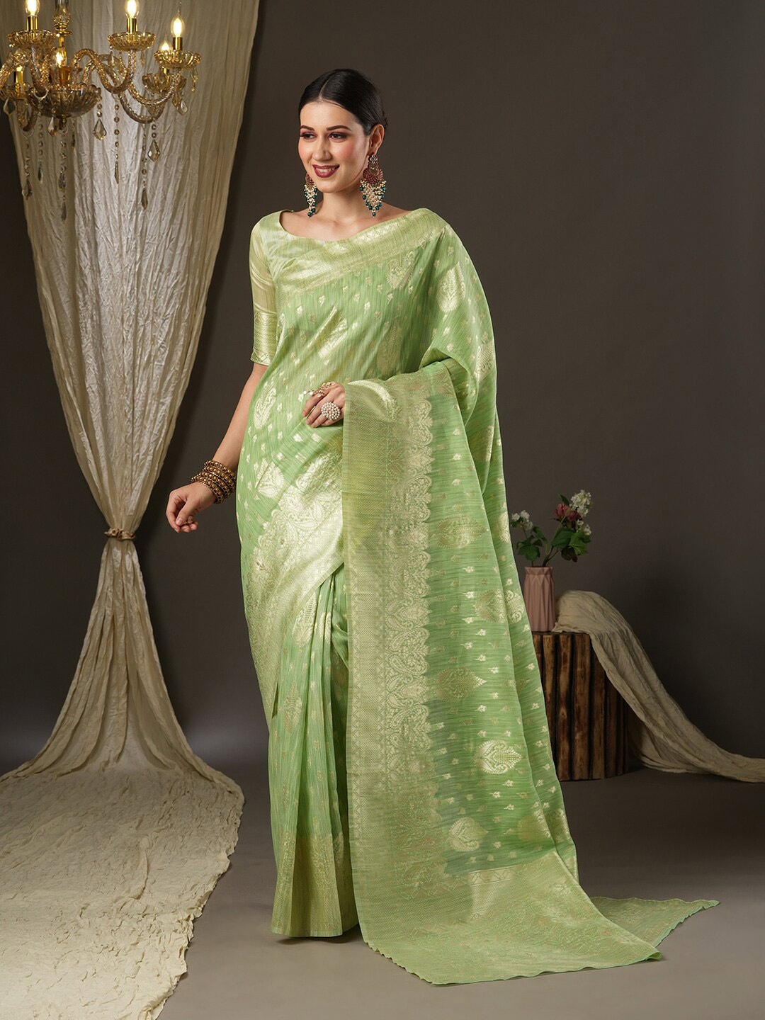 

Mitera Green & Gold-Toned Paisley Zari Muga Saree