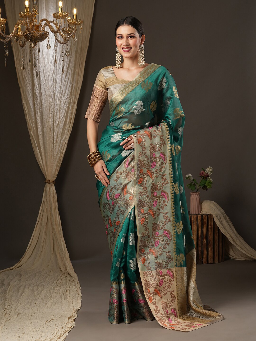 

Mitera Teal & Gold-Toned Woven Design Zari Organza Banarasi Saree