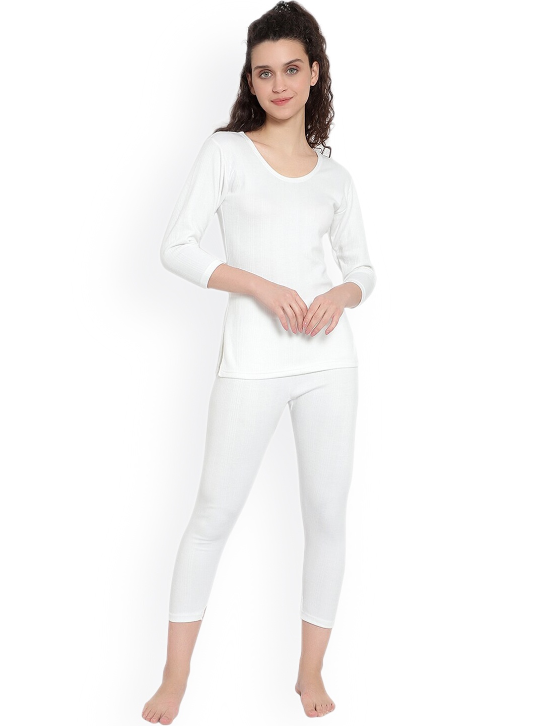 

SKY HEIGHTS Women White Striped Cotton Thermal Set
