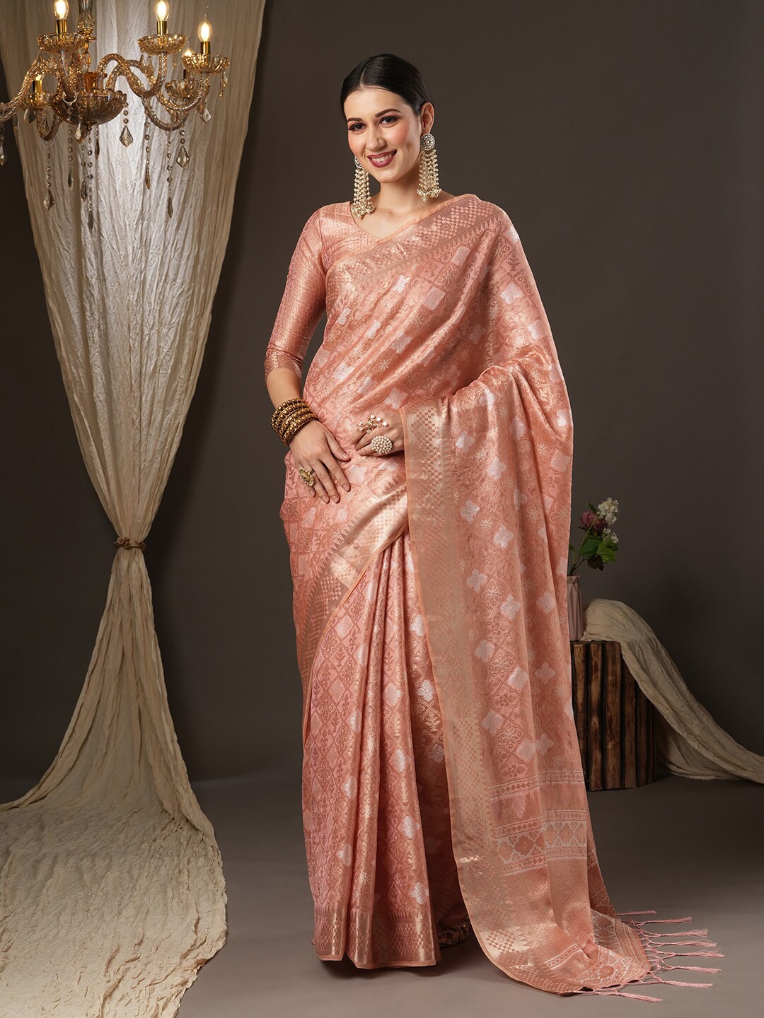 

Saree mall Peach-Coloured & Gold-Toned Woven Design Zari Silk Blend Muga Sarees