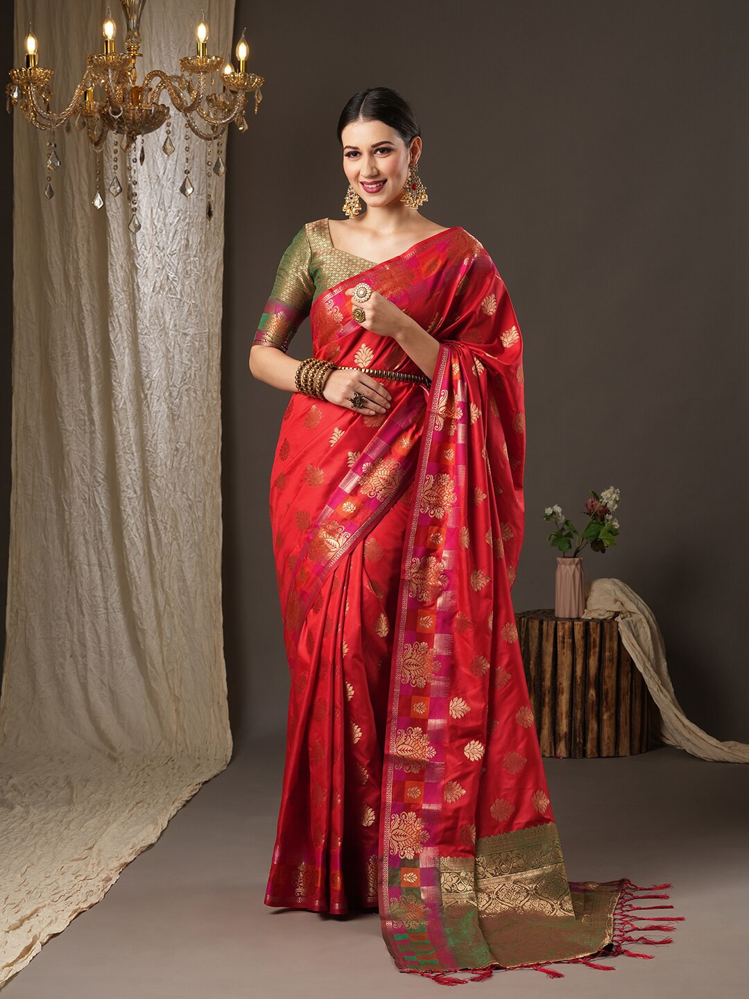 

Saree mall Red & Gold-Toned Woven Design Zari Paithani Sarees