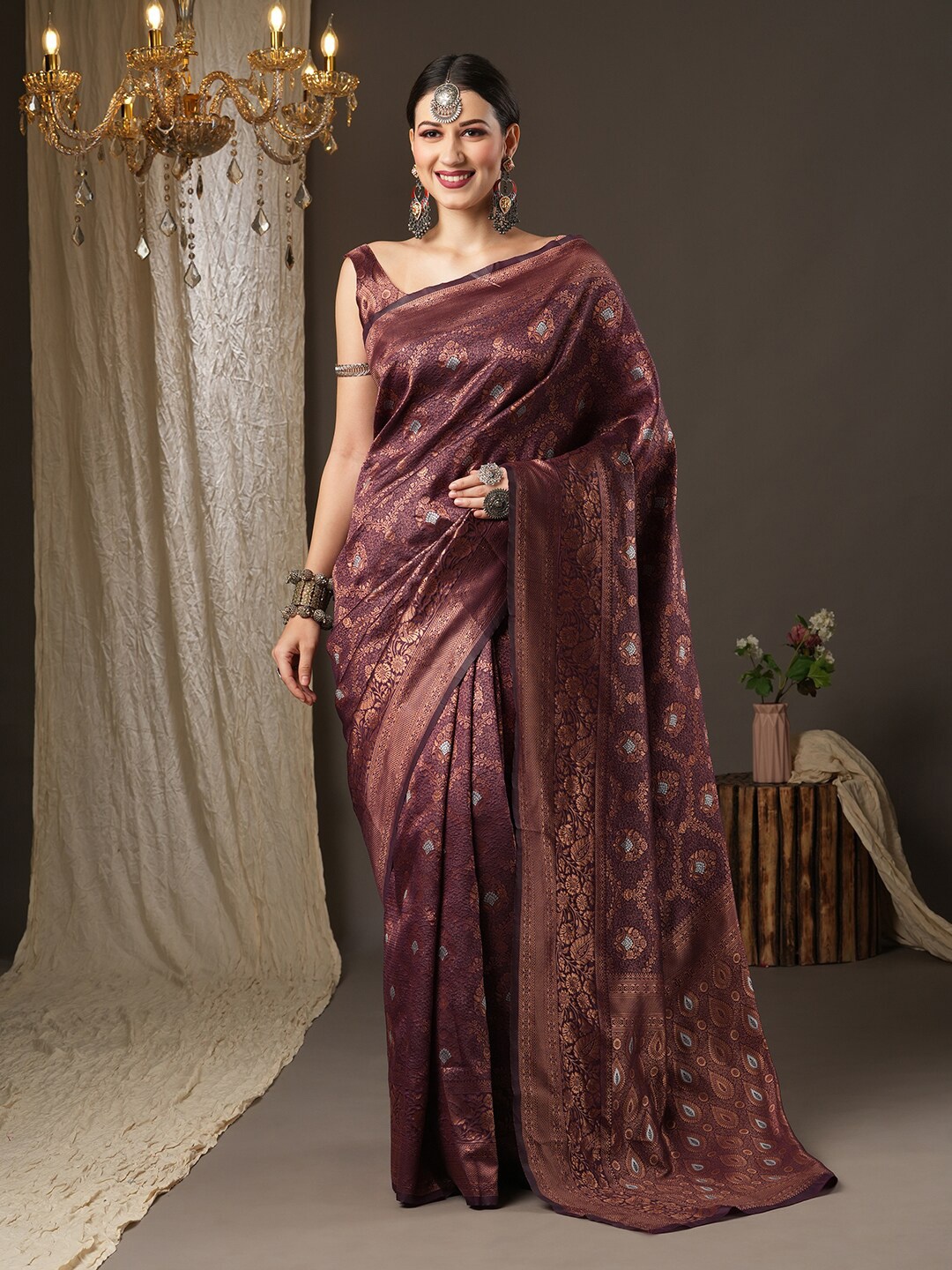 

Saree mall Burgundy & Copper-Toned Woven Design Zari Silk Blend Dharmavaram Sarees