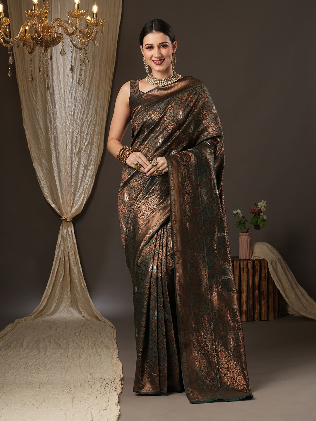 

Saree mall Green & Copper-Toned Woven Design Zari Silk Blend Dharmavaram Sarees