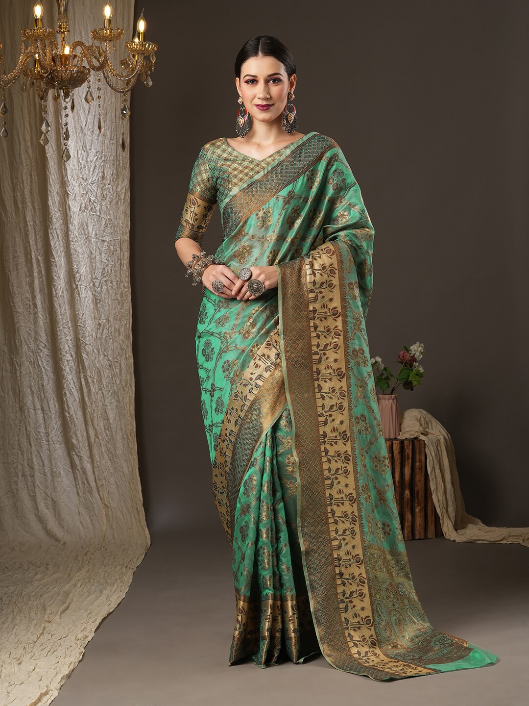 

Saree mall Teal Blue & Gold-Toned Woven Design Zari Silk Blend Banarasi Sarees