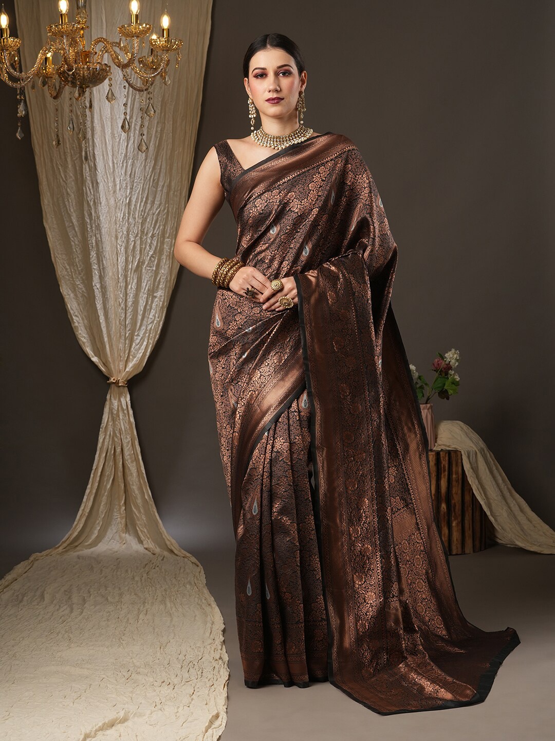 

Saree mall Black & Gold-Toned Woven Design Zari Silk Blend Dharmavaram Sarees