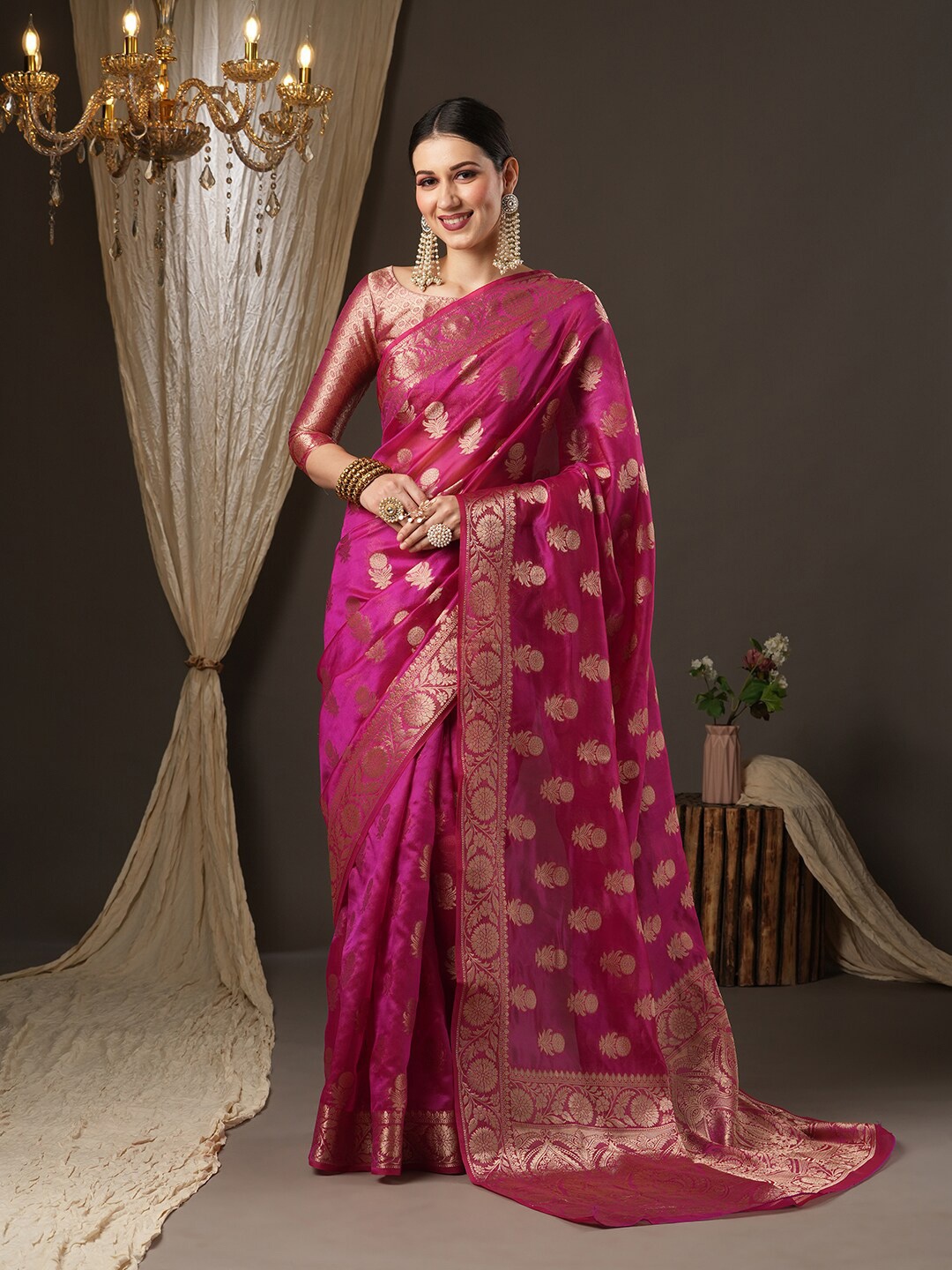

Saree mall Pink & Gold-Toned Woven Design Zari Organza Bagh Sarees