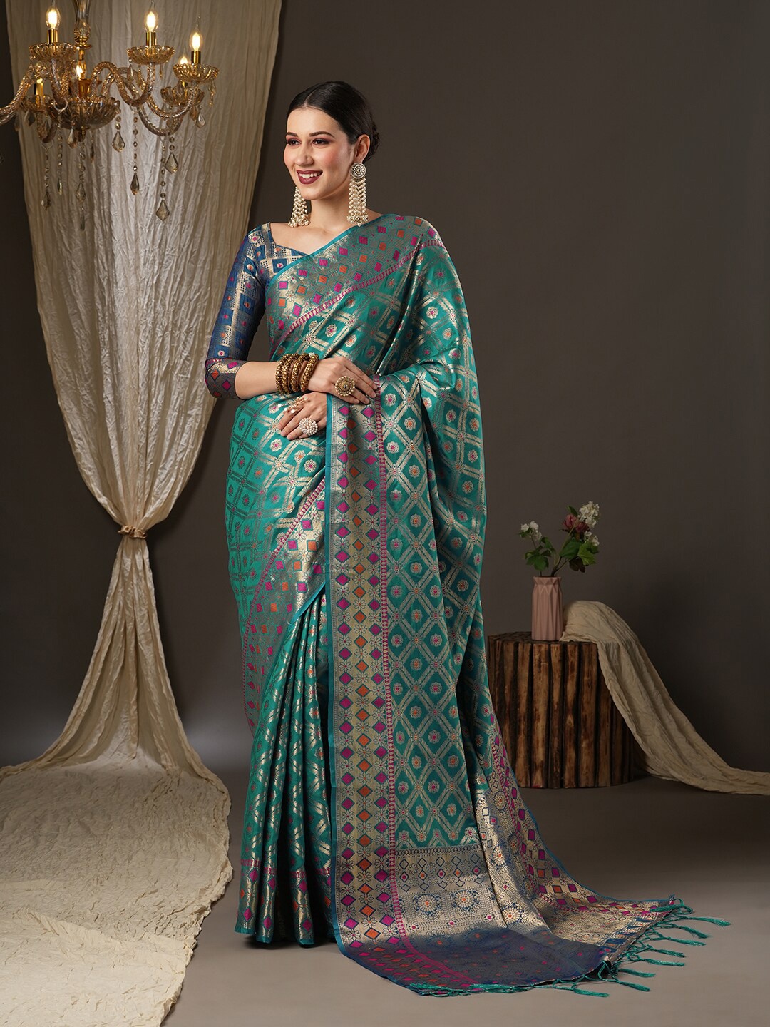 

Saree mall Blue & Red Woven Design Zari Silk Blend Patola Sarees