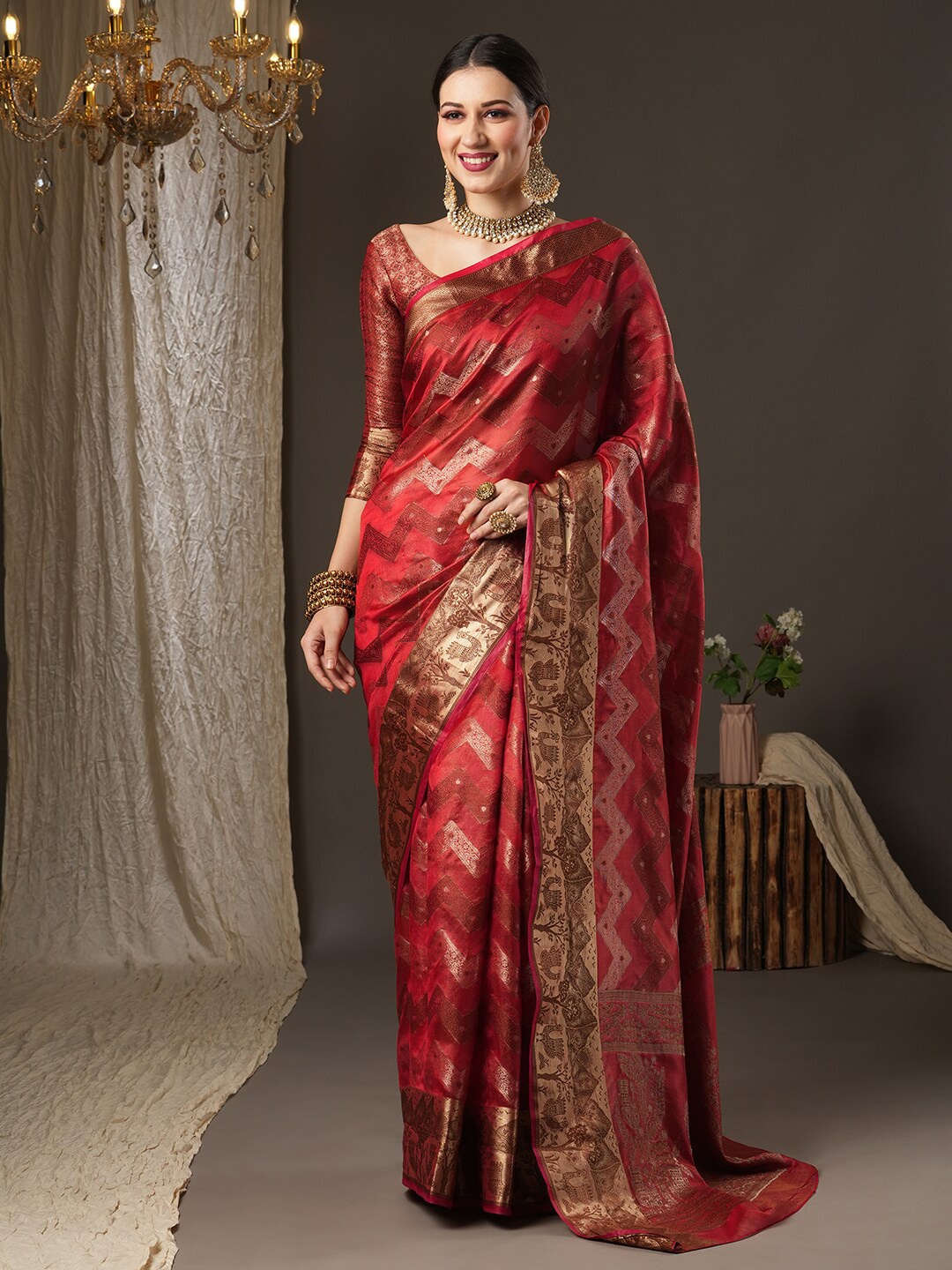 

Saree mall Pink & Gold-Toned Woven Design Zari Silk Blend Bagru Sarees