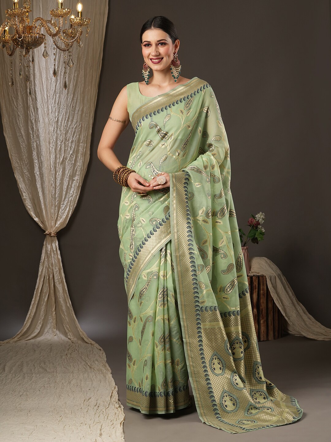 

Saree mall Green & Gold-Toned Woven Design Zari Bagru Sarees