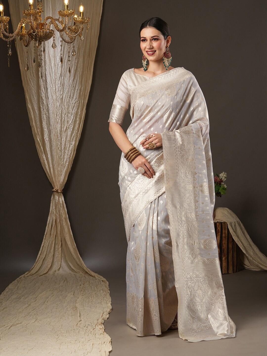 

Saree mall Grey & Gold-Toned Woven Design Zari Muga Sarees