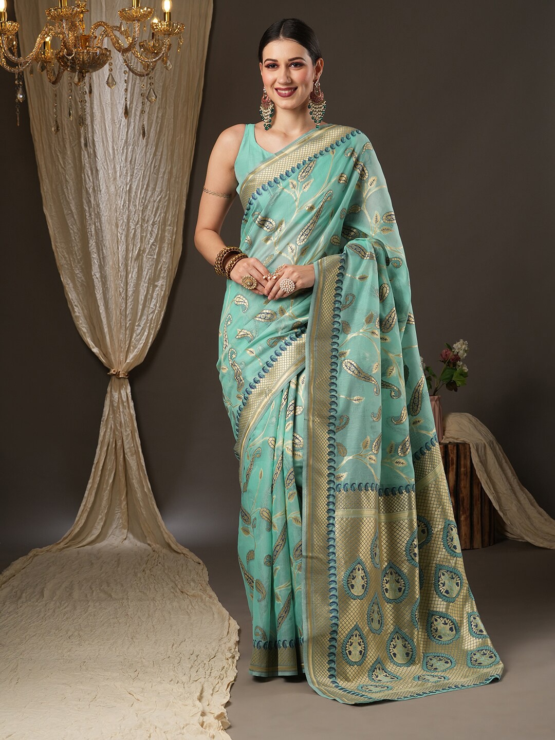 

Saree mall Sea Green & Gold-Toned Woven Design Zari Bagru Sarees