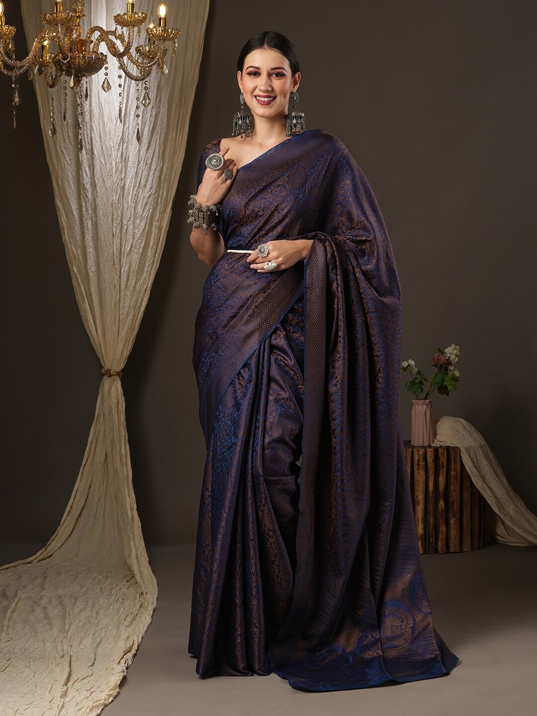 

Saree mall Navy Blue & Gold-Toned Woven Design Zari Silk Blend Banarasi Sarees