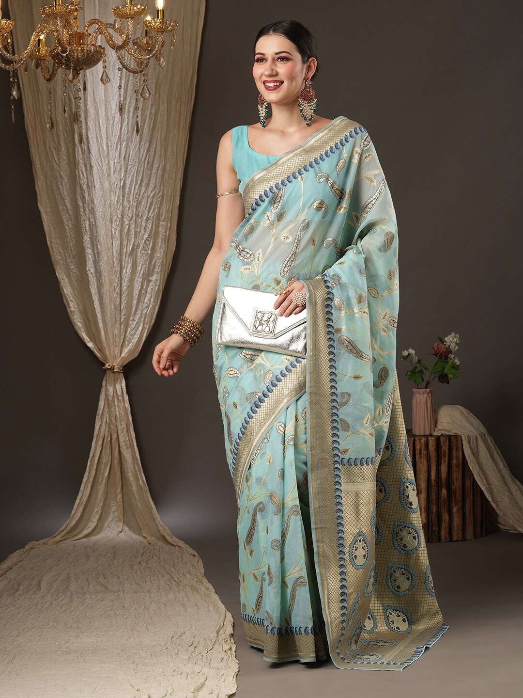 

Saree mall Blue & Gold-Toned Woven Design Zari Bagru Sarees