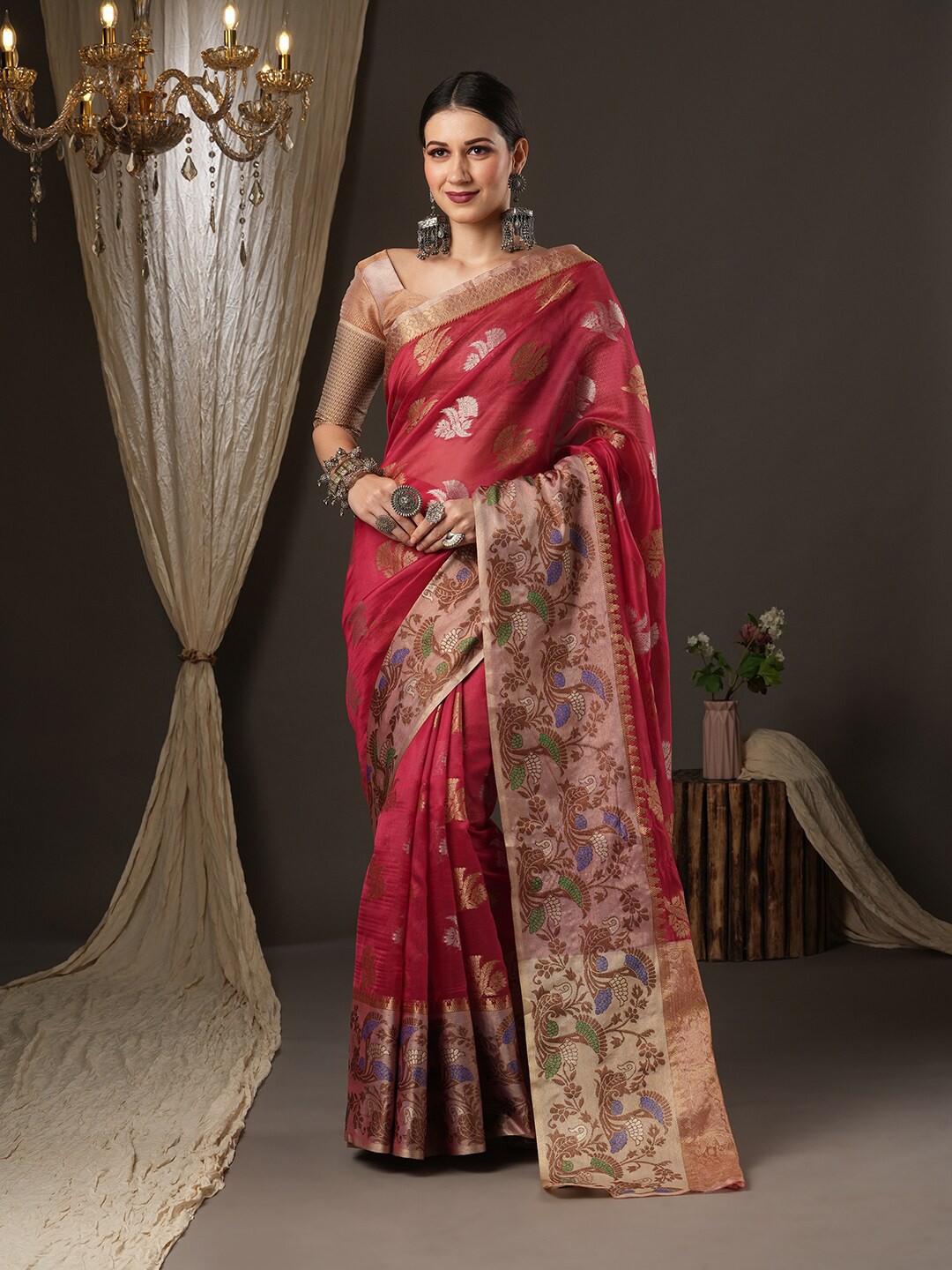 

Saree mall Pink & Copper-Toned Woven Design Zari Organza Banarasi Sarees