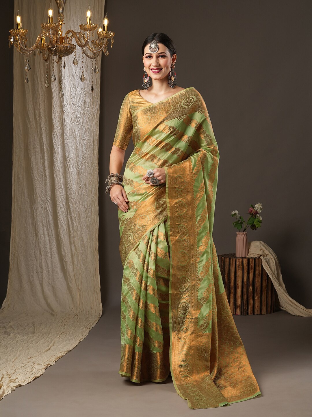 

Saree mall Green & Gold-Toned Woven Design Zari Silk Blend Banarasi Sarees