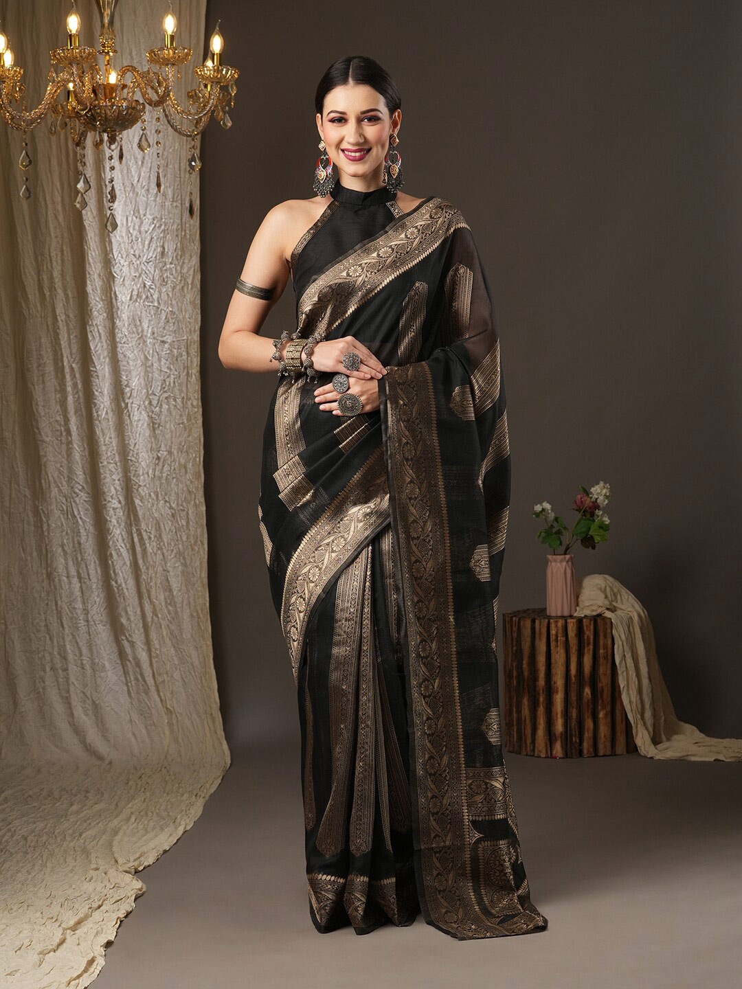 

Saree mall Black & Gold-Toned Woven Design Zari Silk Cotton Banarasi Sarees