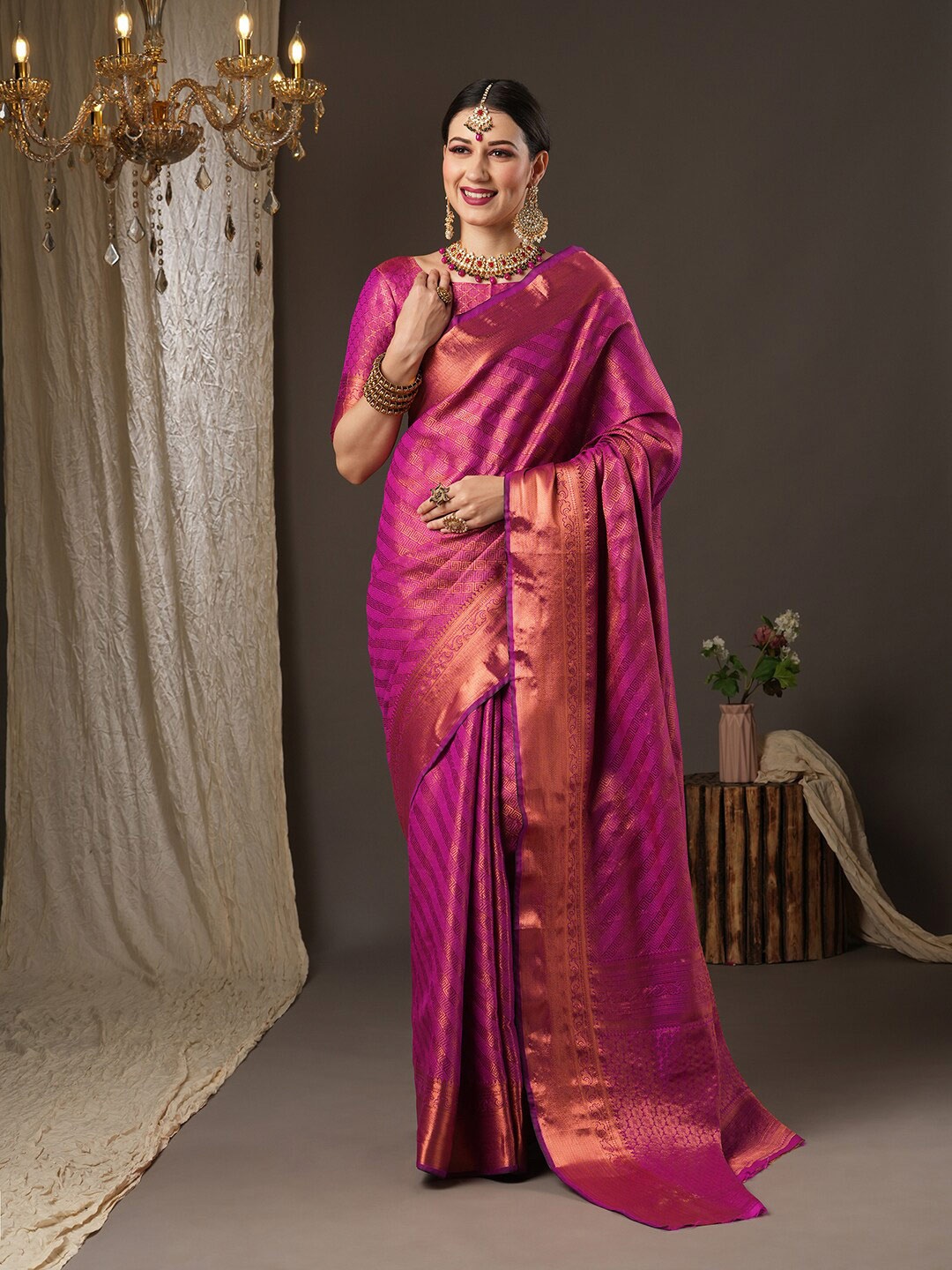 

Saree mall Pink & Copper-Toned Woven Design Zari Silk Blend Kanjeevaram Sarees