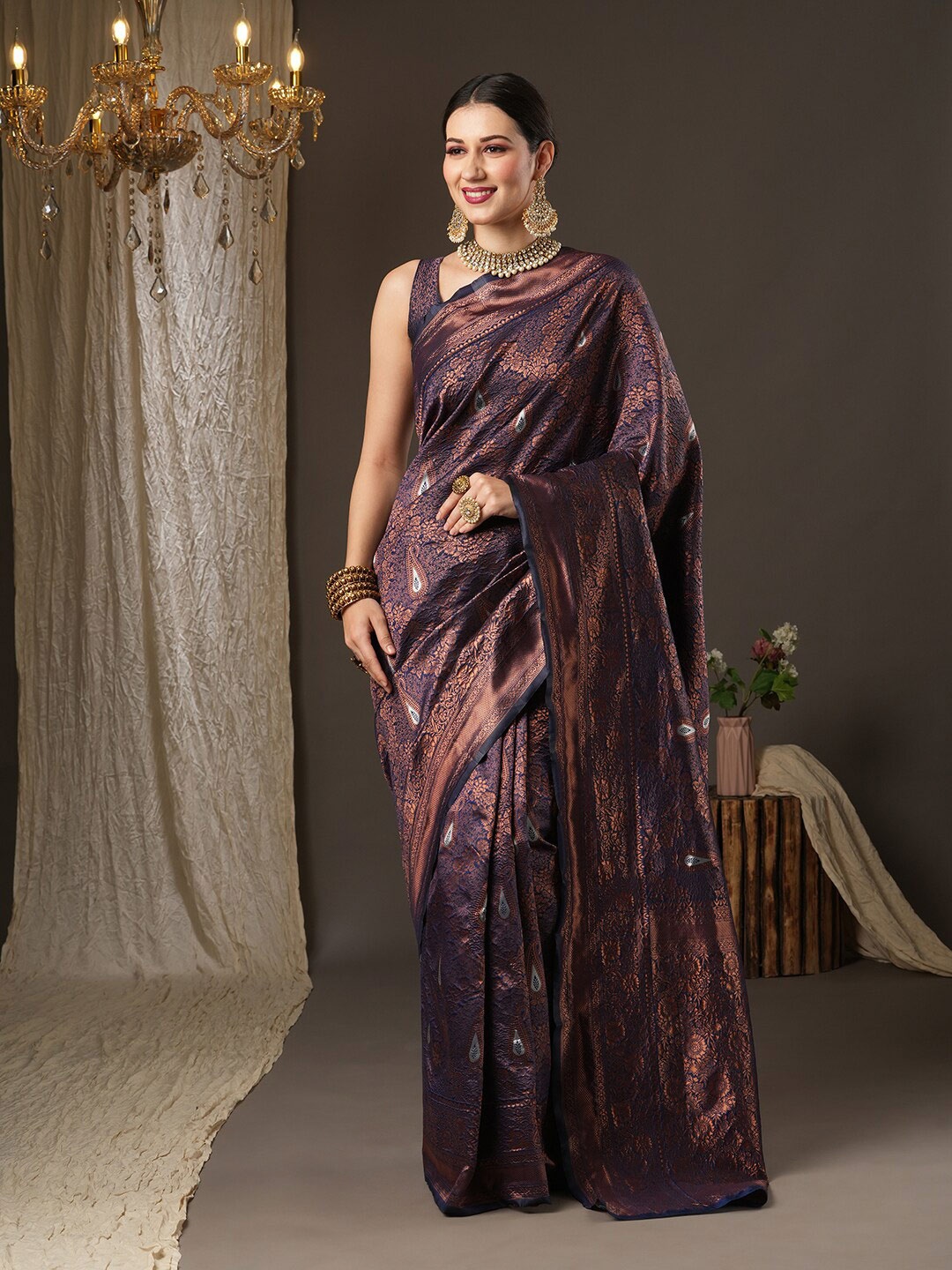 

Saree mall Navy Blue & Copper-Toned Woven Design Zari Silk Blend Dharmavaram Sarees