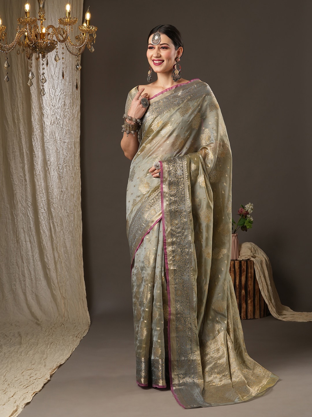 

Saree mall Grey & Gold-Toned Ethnic Motifs Zari Organza Bagh Saree