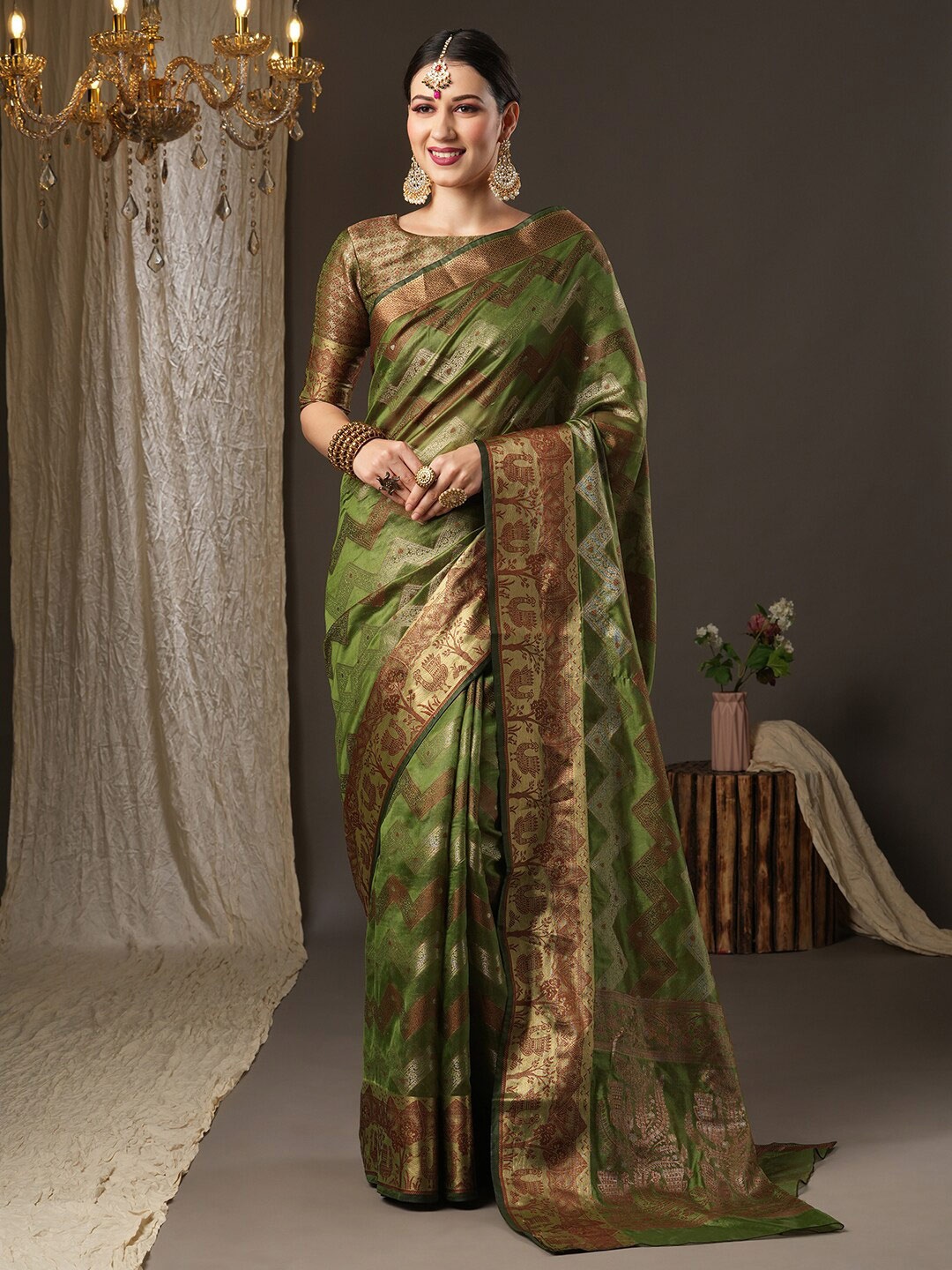 

Saree mall Olive Green & Gold-Toned Woven Design Zari Silk Blend Bagru Sarees