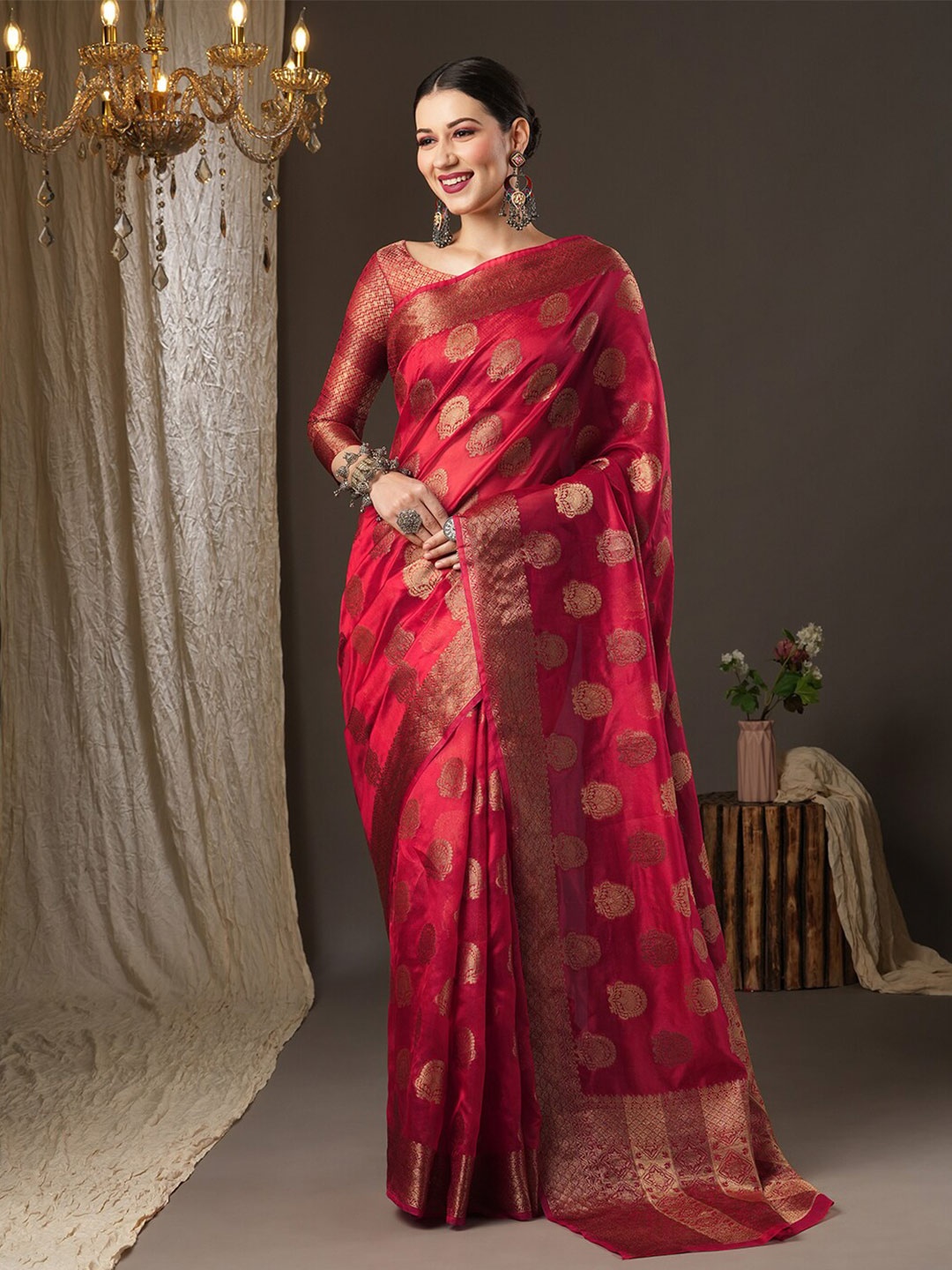 

Saree mall Pink & Gold-Toned Woven Design Zari Organza Bagh Sarees
