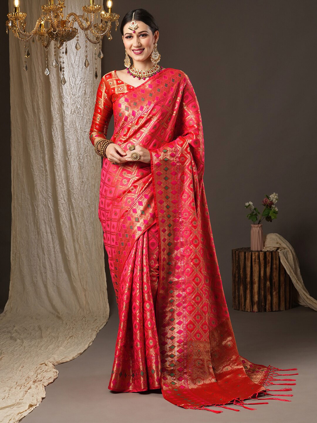 

Saree mall Pink & Red Woven Design Zari Patola Sarees