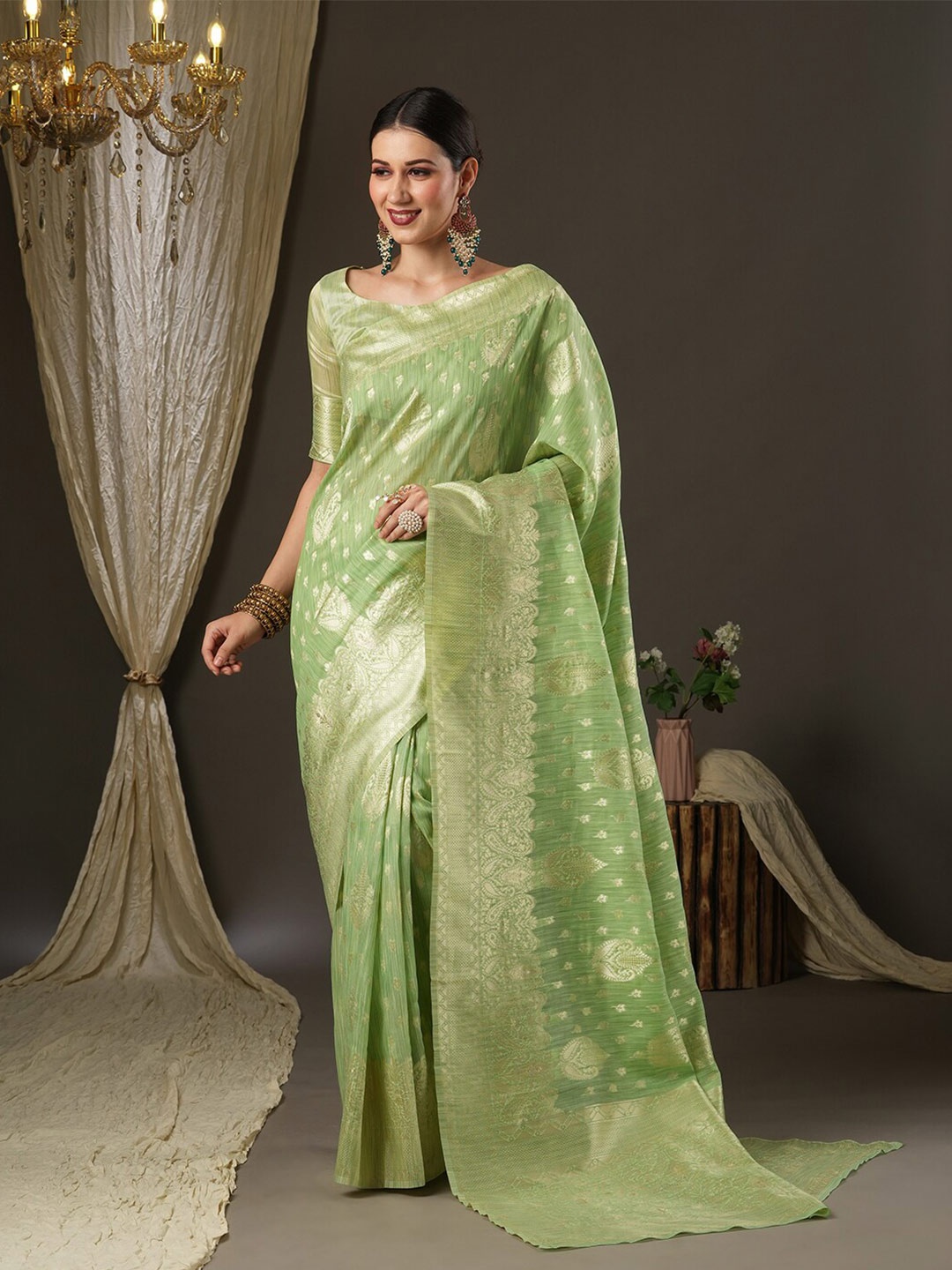 

Saree mall Green & Gold-Toned Woven Design Zari Muga Sarees