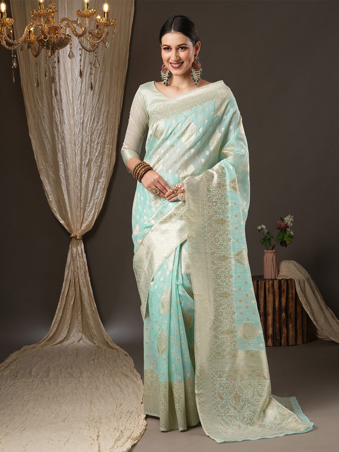 

Saree mall Sea Green & Gold-Toned Woven Design Zari Muga Sarees