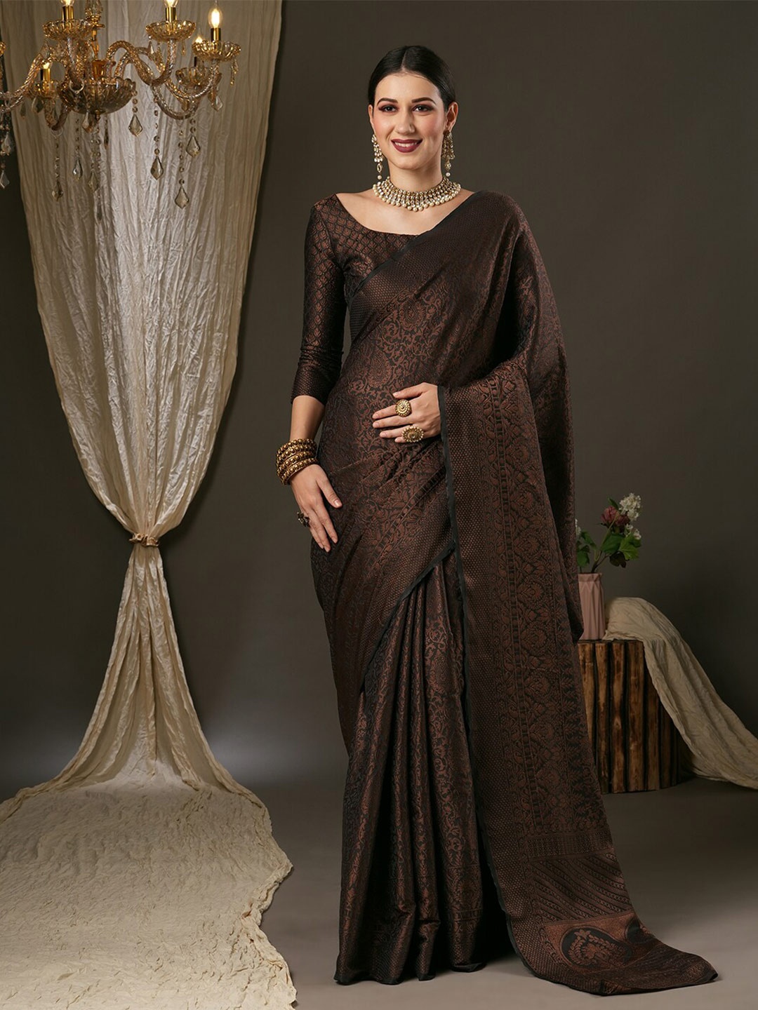 

Saree mall Black & Gold-Toned Woven Design Zari Silk Blend Banarasi Sarees