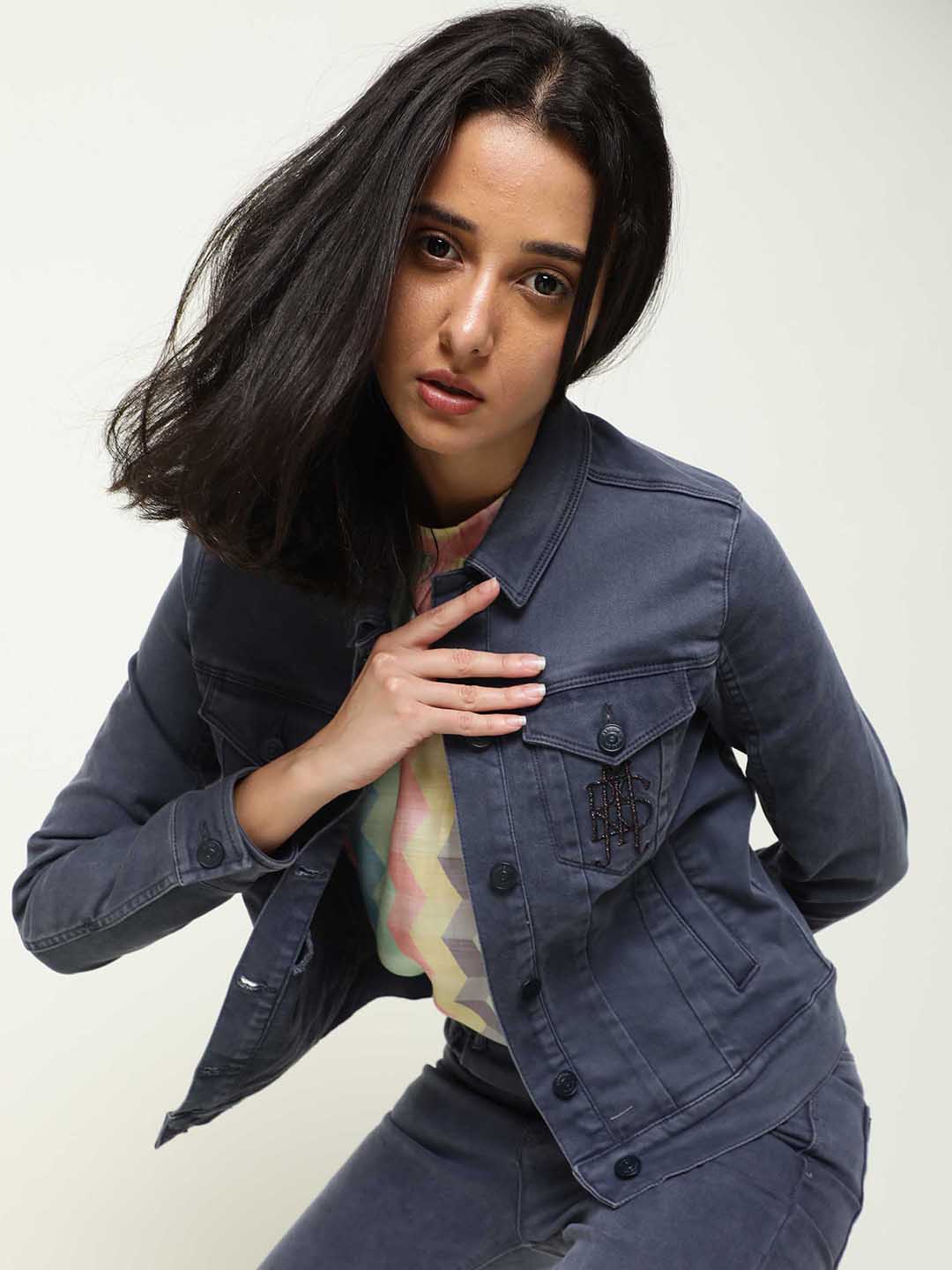 

RAREISM Women Grey Cotton Washed Denim Jacket