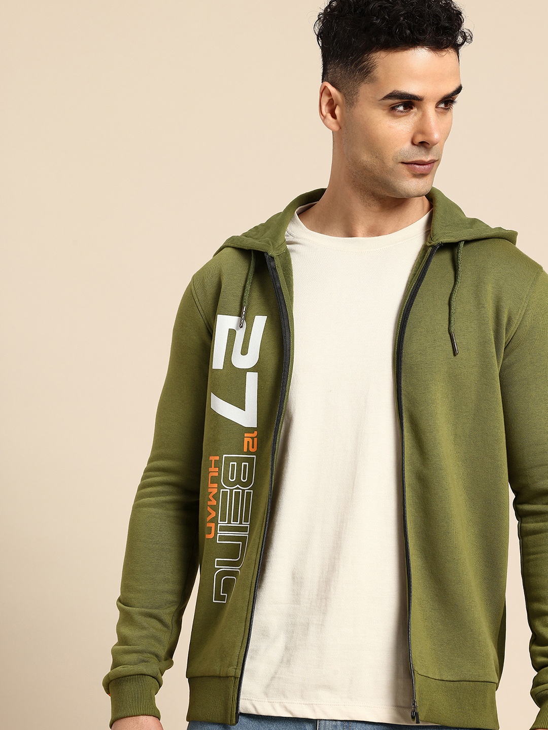 

Being Human Brand Logo Printed Hooded Sweatshirt, Olive