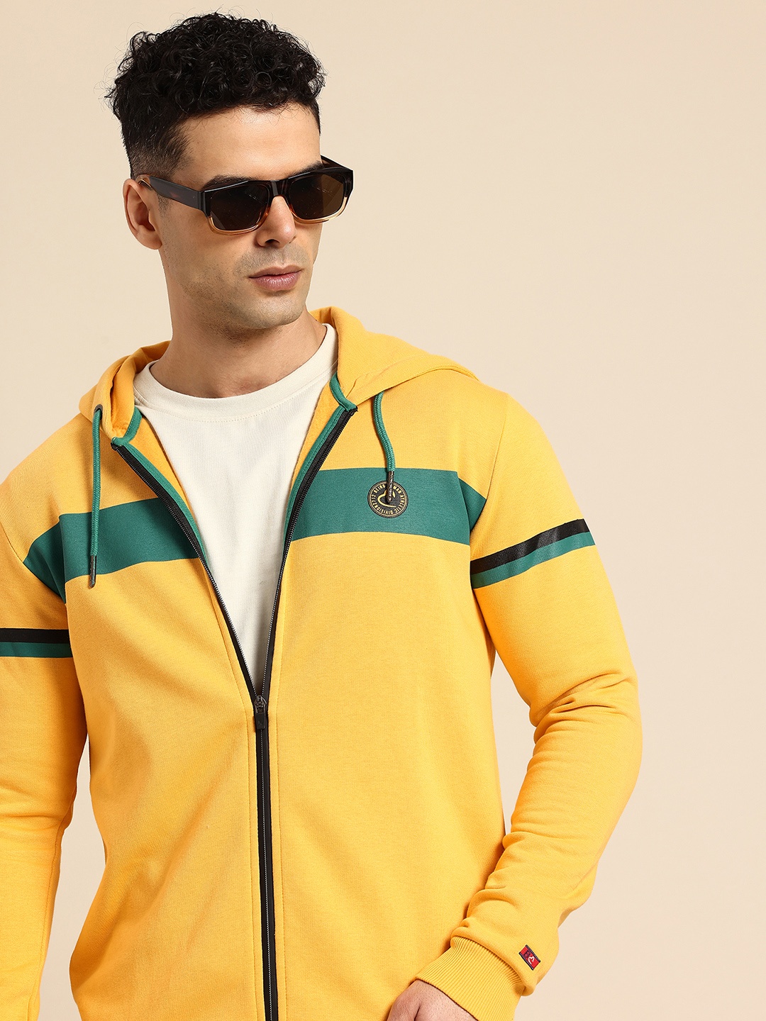 

Being Human Brand Logo Printed Striped Hooded Sweatshirt, Mustard