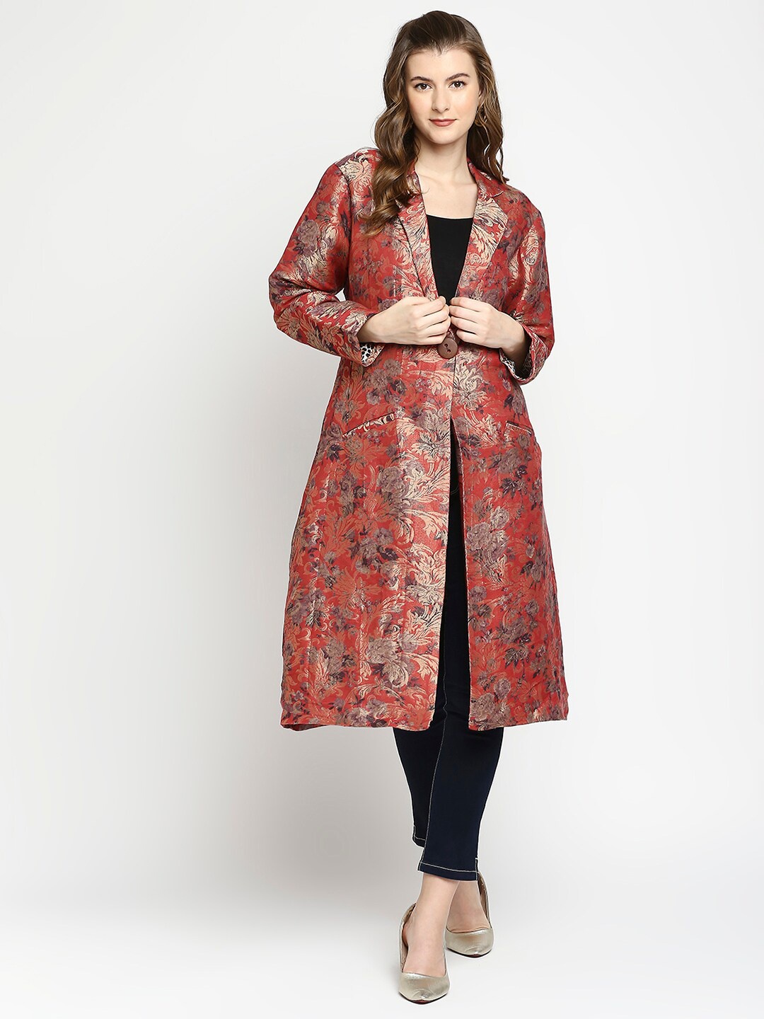 

Cloth Haus India Women Red Floral Longline Tailored Jacket