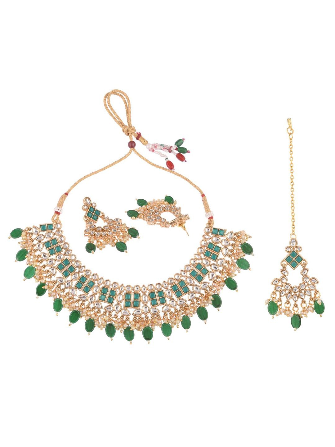 

Efulgenz Gold-Toned & Green Crystals-Studded & Beaded Gold-Plated Jewellery Set