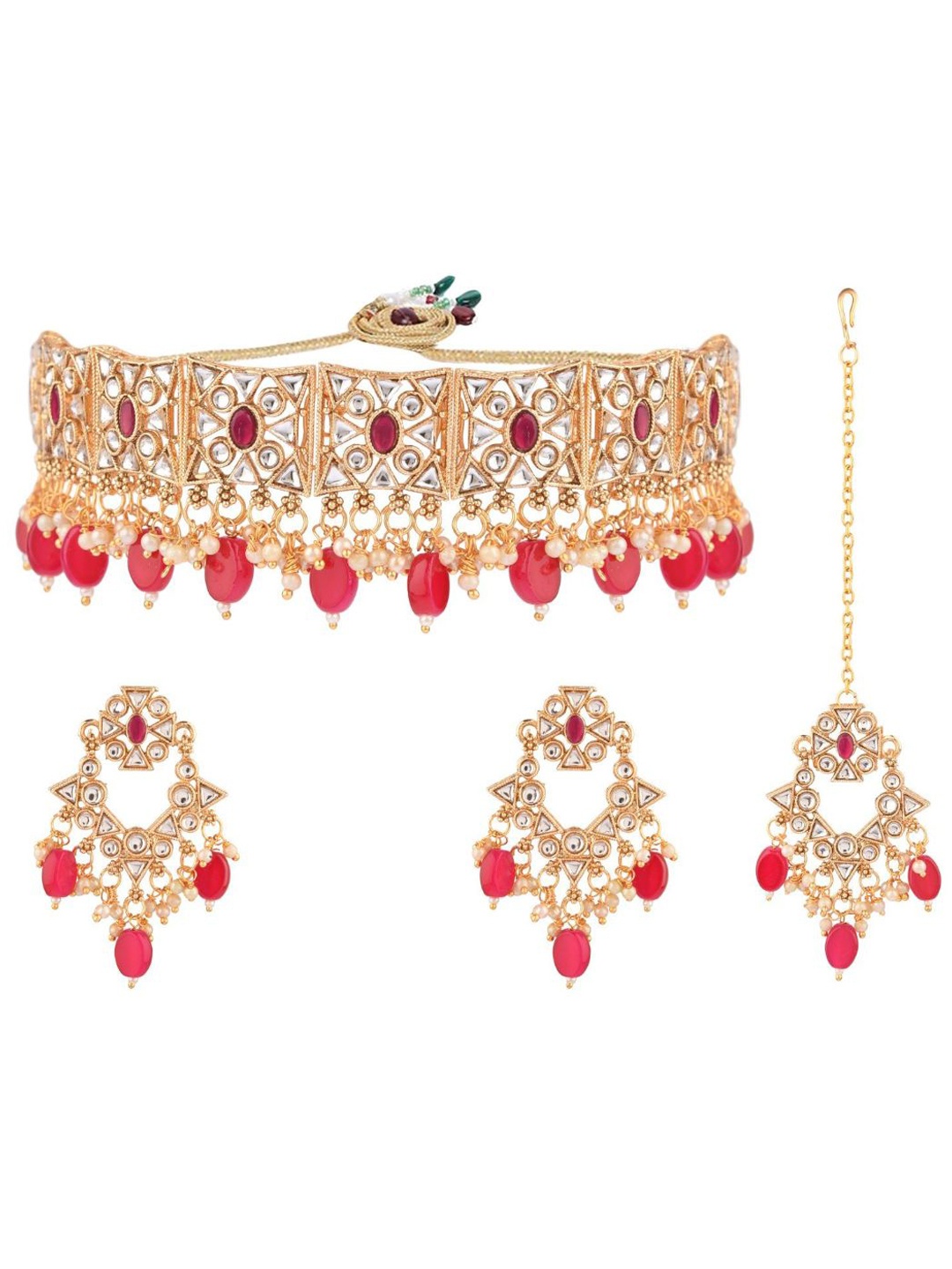 

Efulgenz Gold-Toned & Pink Crystal Studded & Beaded Gold-Plated Jewellery Set