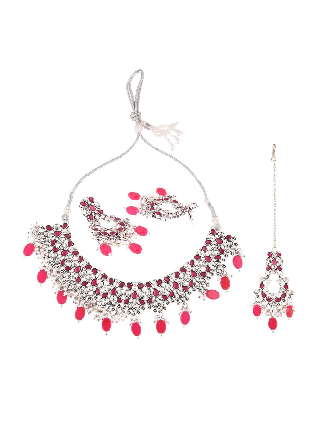 

Efulgenz Silver-Toned & Pink Kundan Studded & Beaded Gold-Plated Jewellery Set