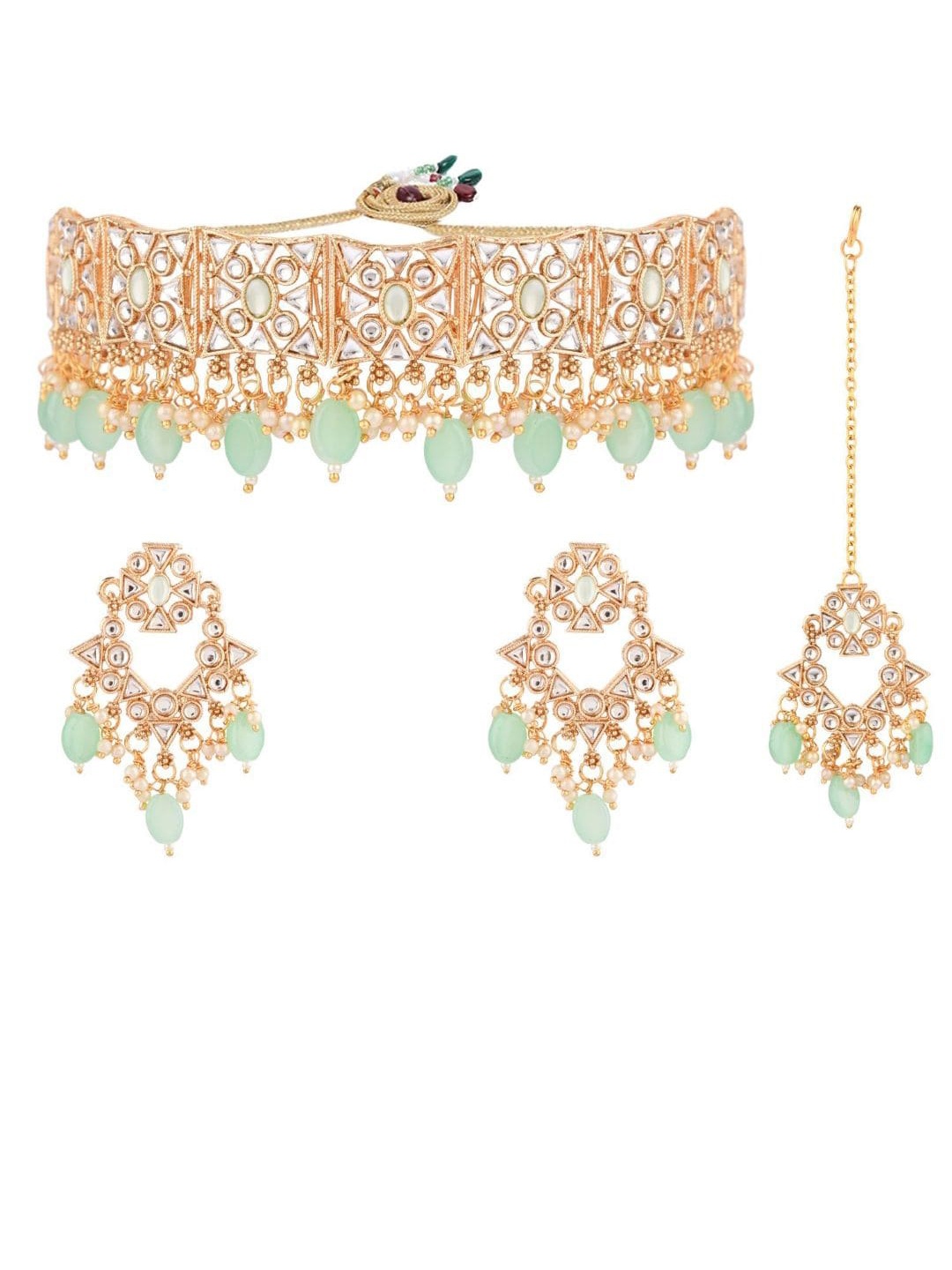 

Efulgenz Gold-Toned & Sea Green Crystal Studded Gold-Plated Jewellery Set