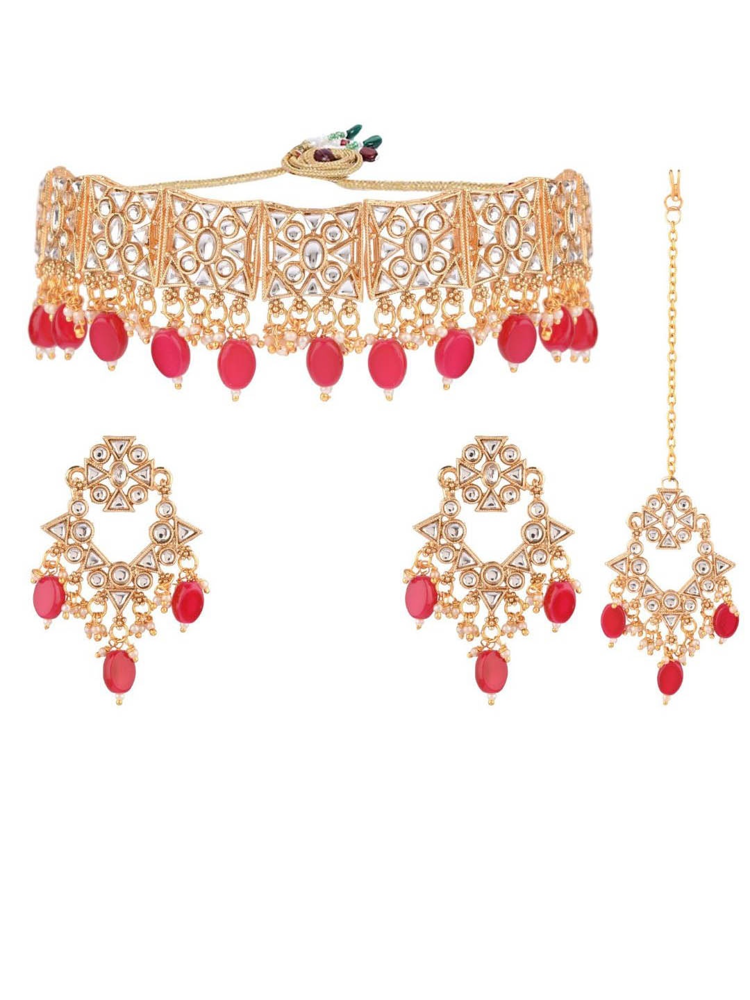 

Efulgenz Gold-Toned & Pink Crystal Studded & Beaded Gold-Plated Jewellery Set