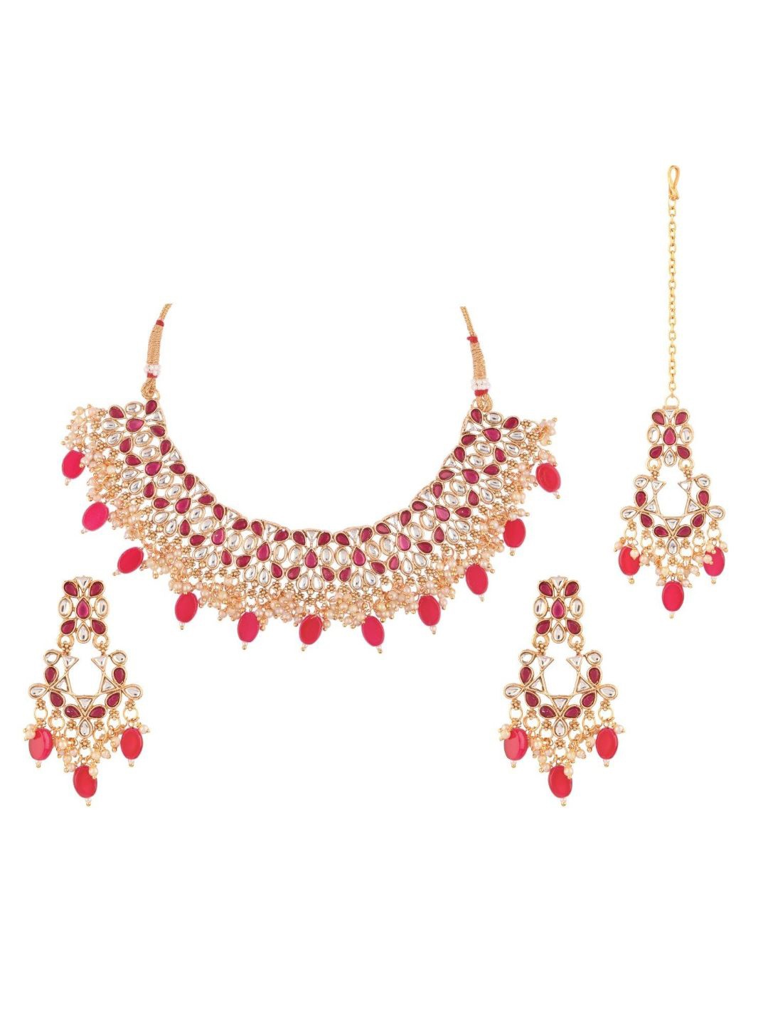 

Efulgenz Gold-Toned & Pink Crystal-Studded Gold-Plated Jewellery Set